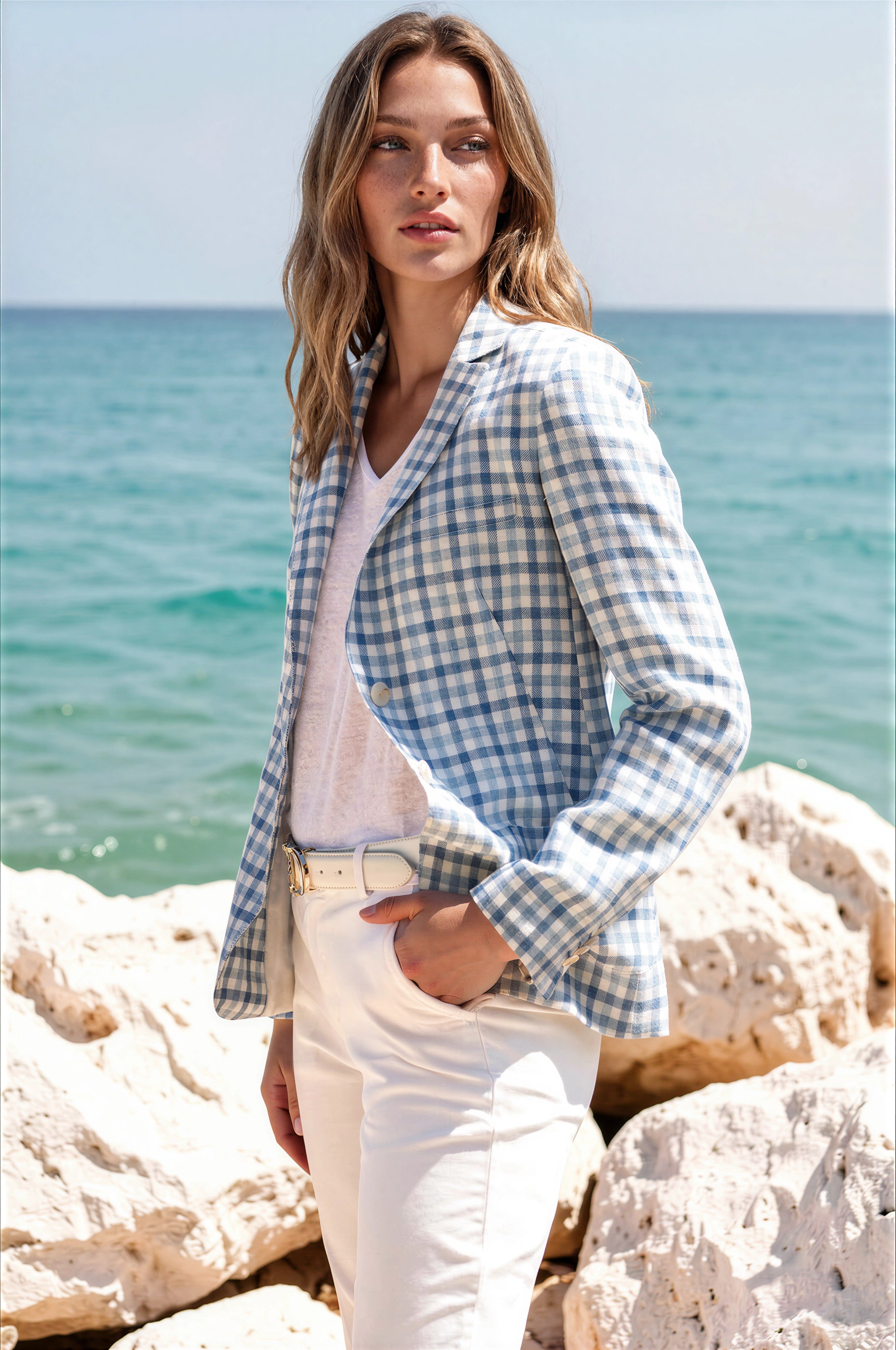 Veste Victoire en lin à carreaux - ciel & blanc-VESTE BLAZER FEMME-Curling-Paris