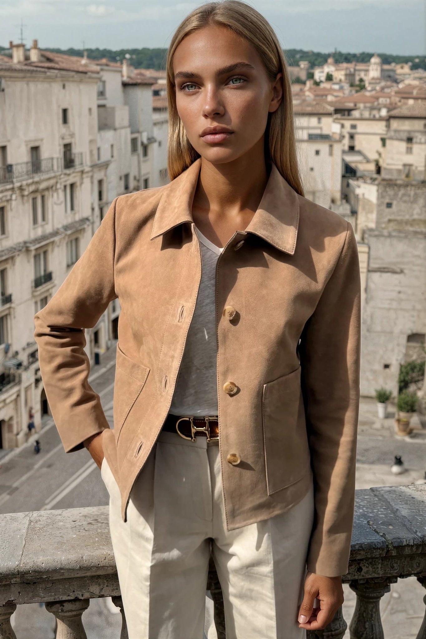 Veste Yona en chèvre velours - Beige-VESTE BLAZER FEMME-Curling-Paris