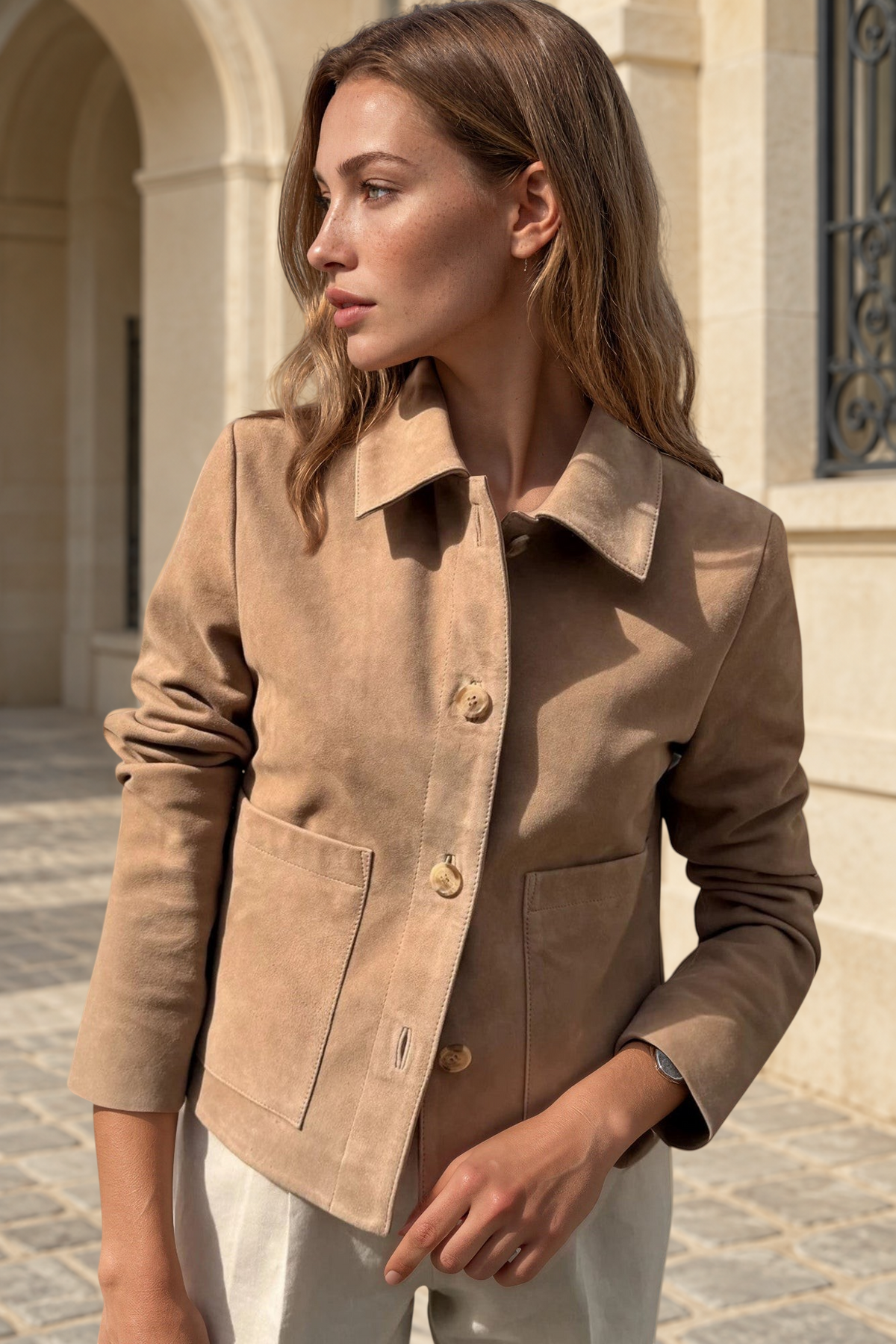 Veste Yona en chèvre velours - Beige-VESTE BLAZER FEMME-Curling-Paris