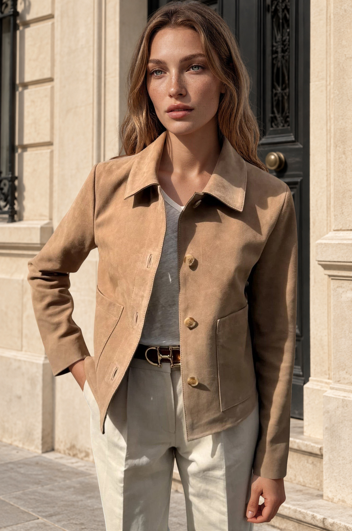 Veste Yona en chèvre velours - Beige-VESTE BLAZER FEMME-Curling-Paris