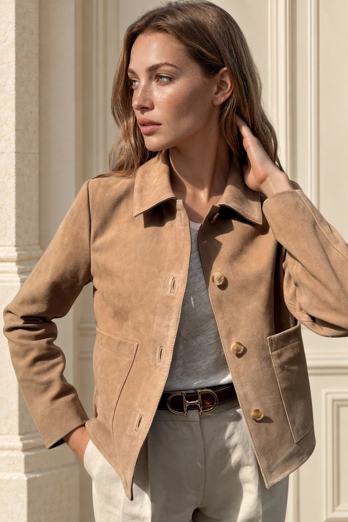 Veste Yona en chèvre velours - Beige-VESTE BLAZER FEMME-Curling-Paris