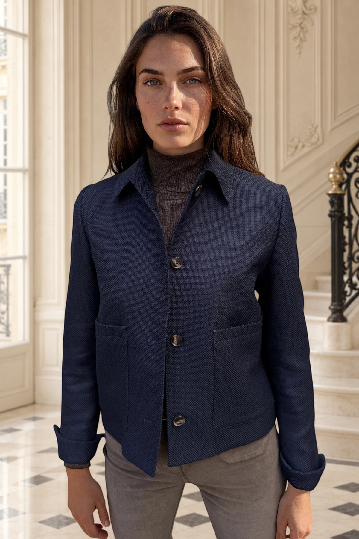 Veste Ysee en laine vierge nattée - Marine-VESTE BLAZER FEMME-Curling-Paris