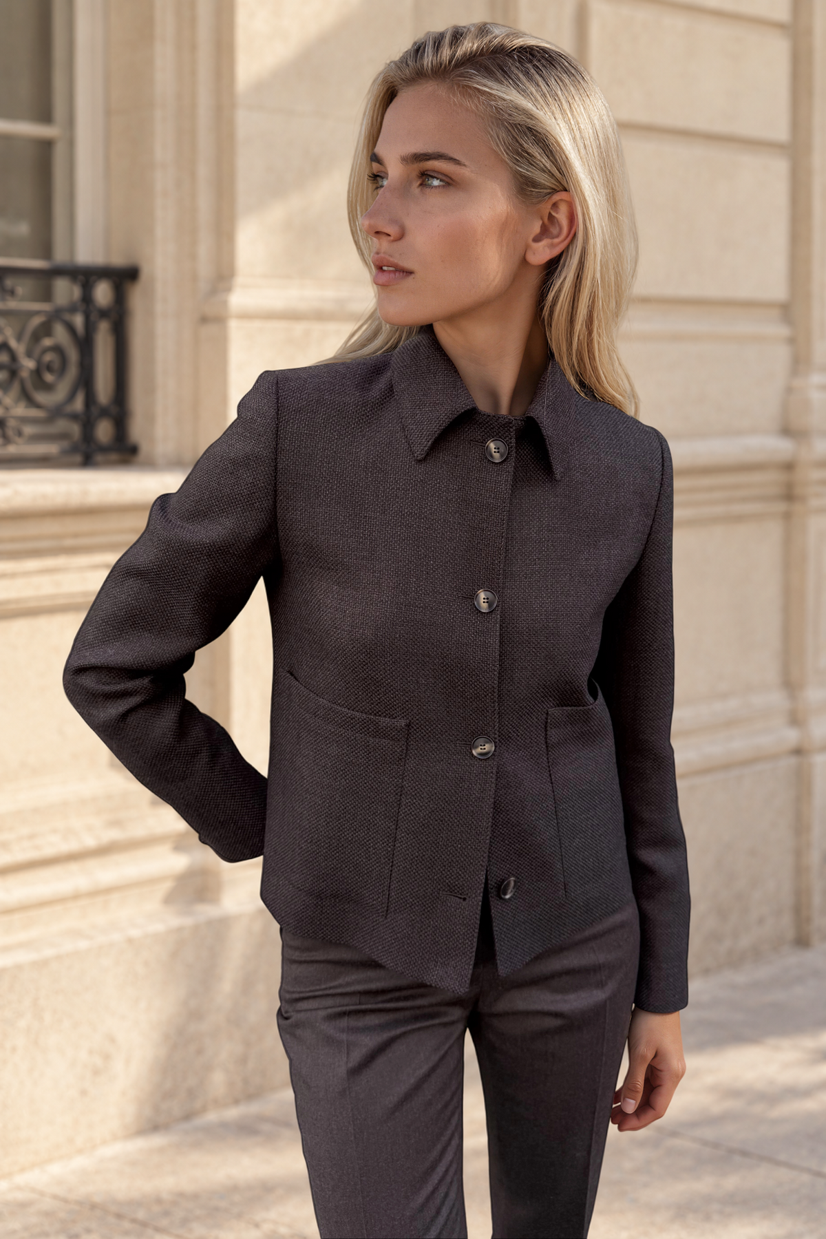 Veste Ysee en laine vierge nattée - Marron-VESTE BLAZER FEMME-Curling-Paris
