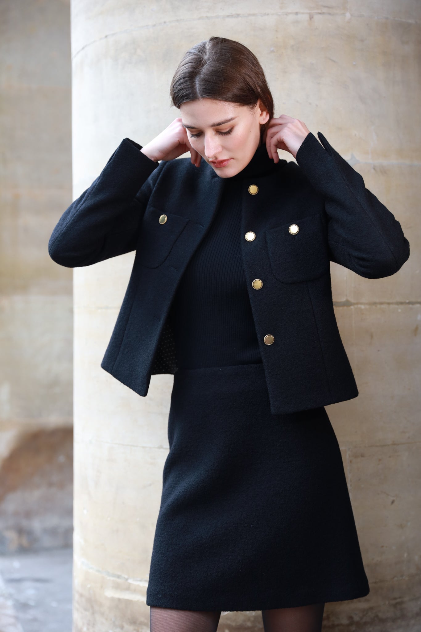 Veste courte Esme pure laine bouclée - Noir-VESTE BLAZER FEMME-Curling-Paris