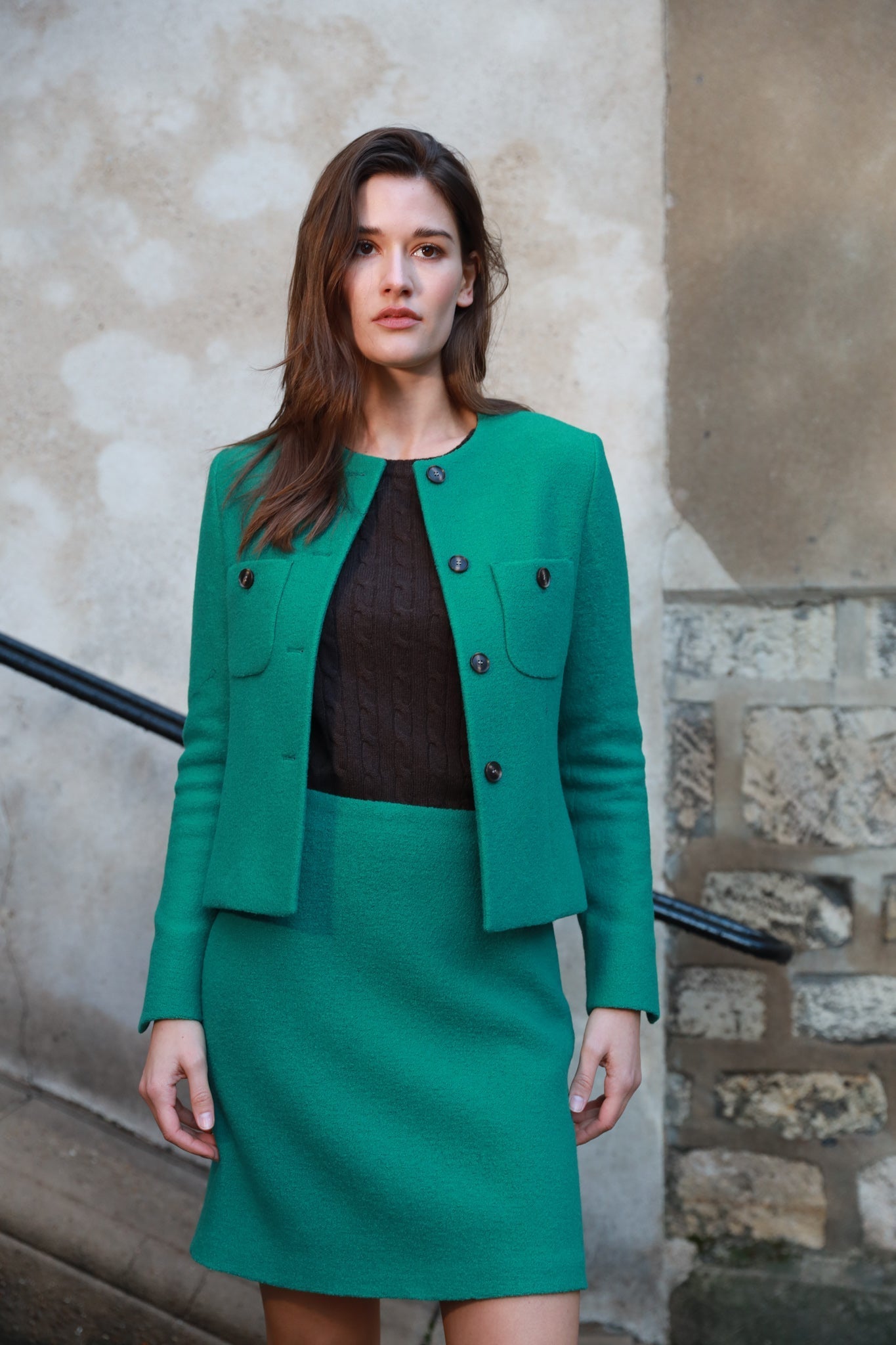 Veste courte Esme pure laine bouclée - Vert-VESTE BLAZER FEMME-Curling-Paris