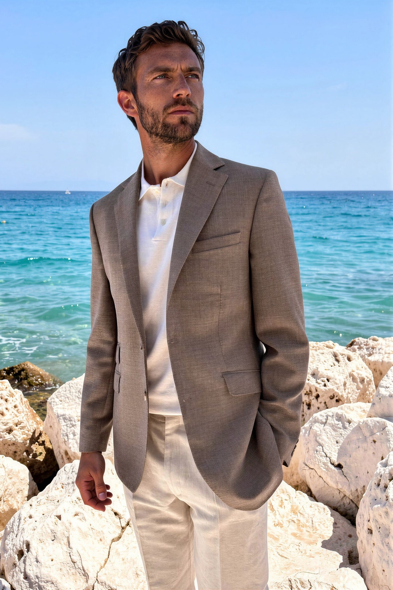 Veste d'été Goal en laine nattée - Taupe-VESTE BLAZER HOMME-Curling-Paris