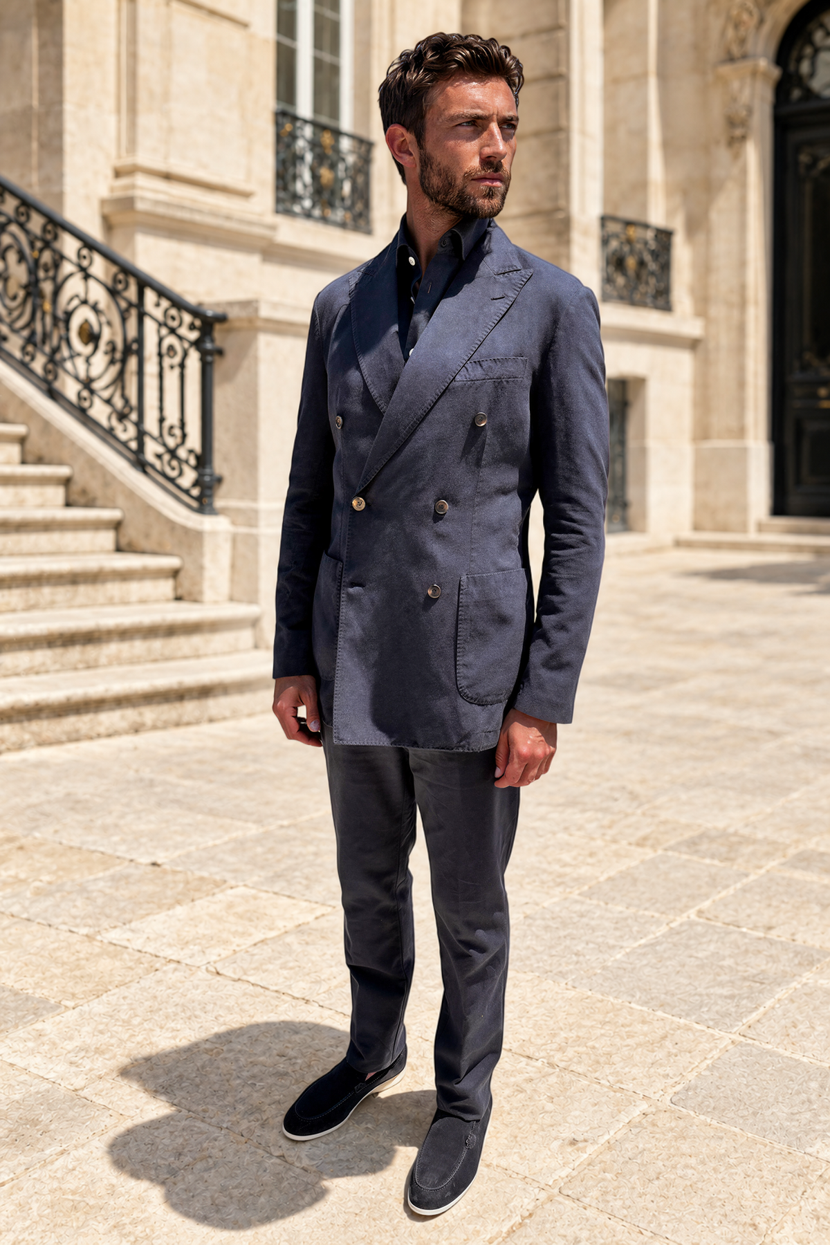 Veste longue croisée Emilio en coton lin - Marine-VESTE BLAZER HOMME-Curling-Paris