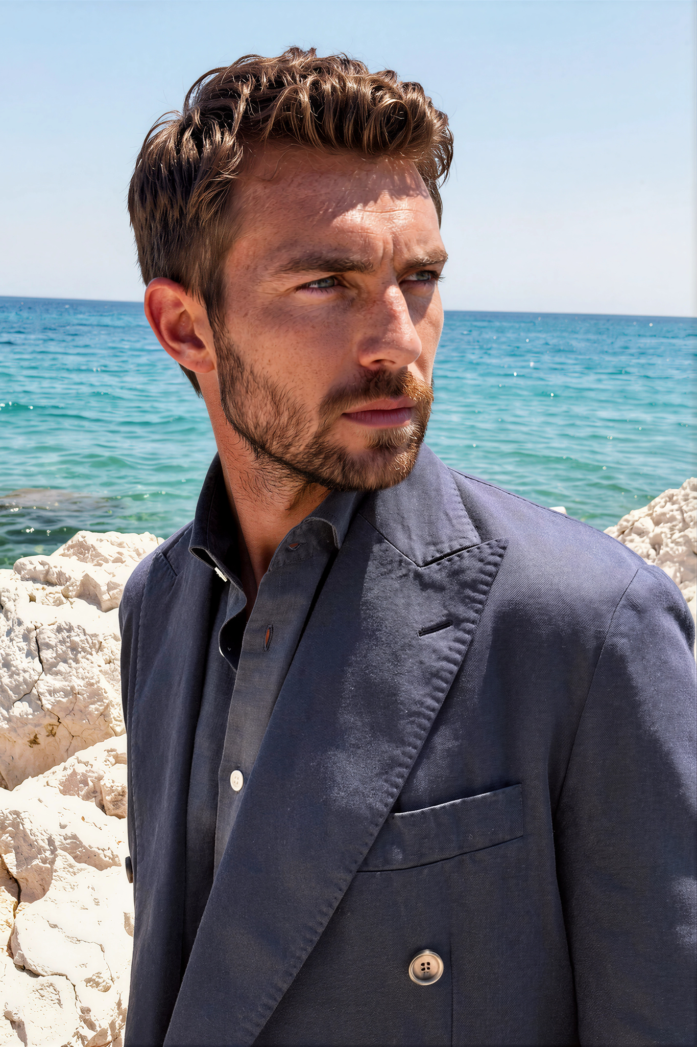 Veste longue croisée Emilio en coton lin - Marine-VESTE BLAZER HOMME-Curling-Paris