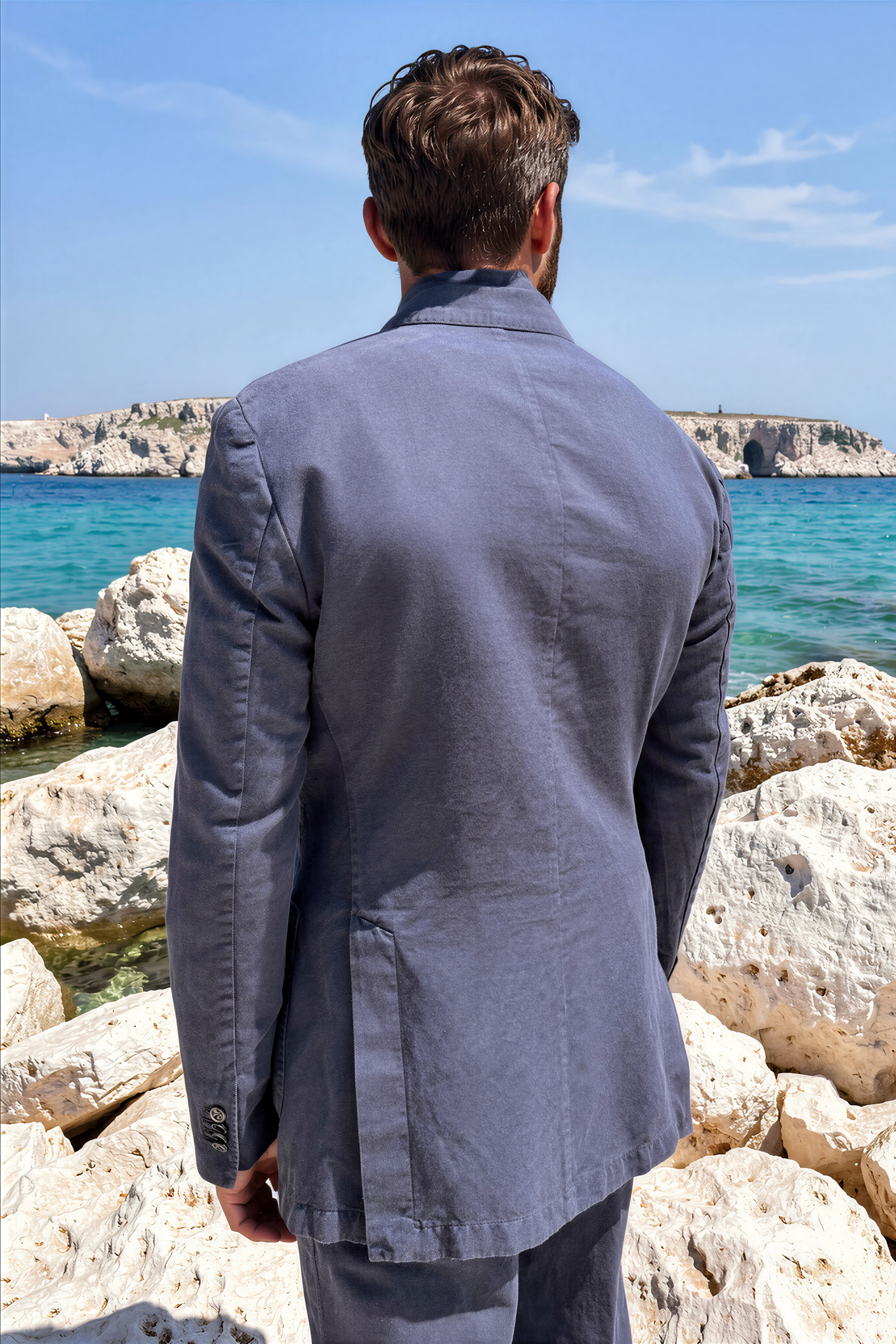 Veste longue croisée Emilio en coton lin - Marine-VESTE BLAZER HOMME-Curling-Paris