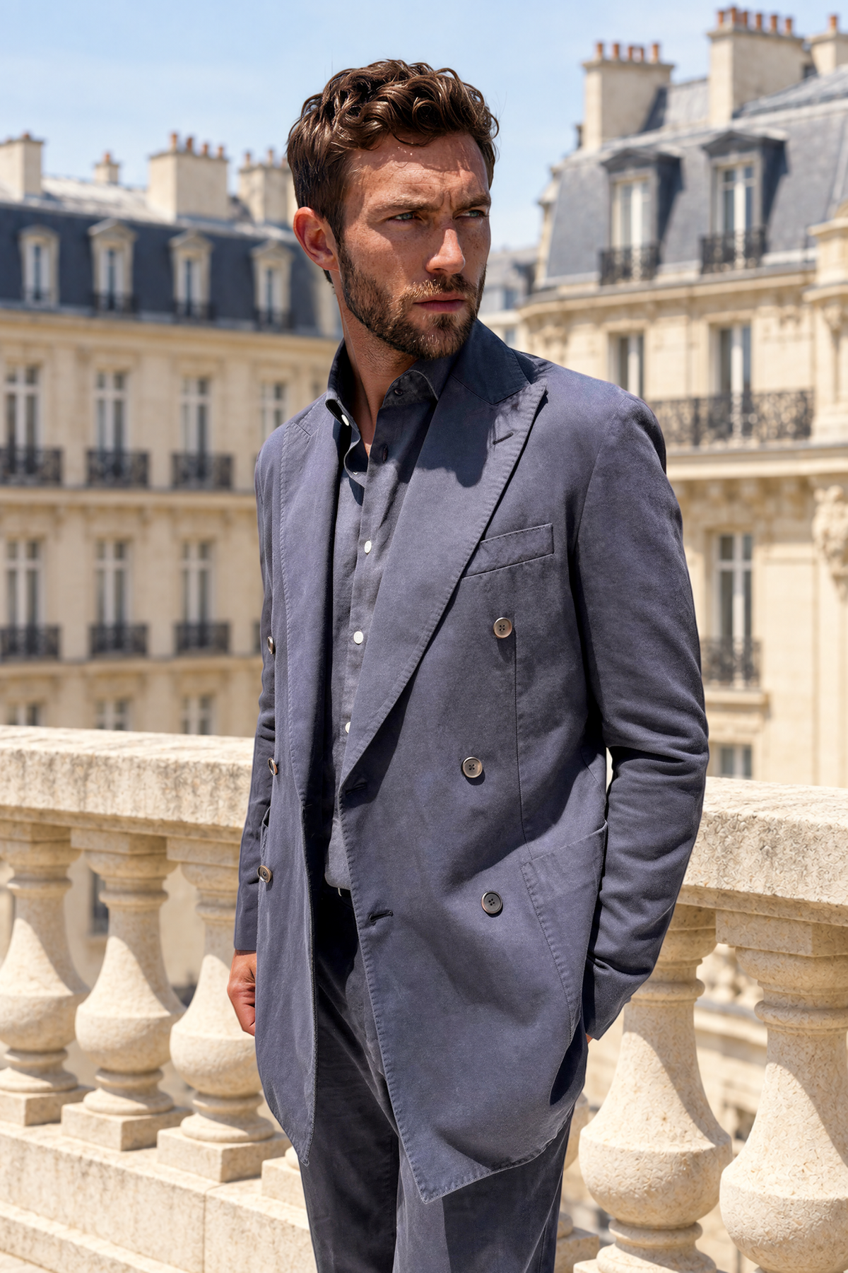 Veste longue croisée Emilio en coton lin - Marine-VESTE BLAZER HOMME-Curling-Paris
