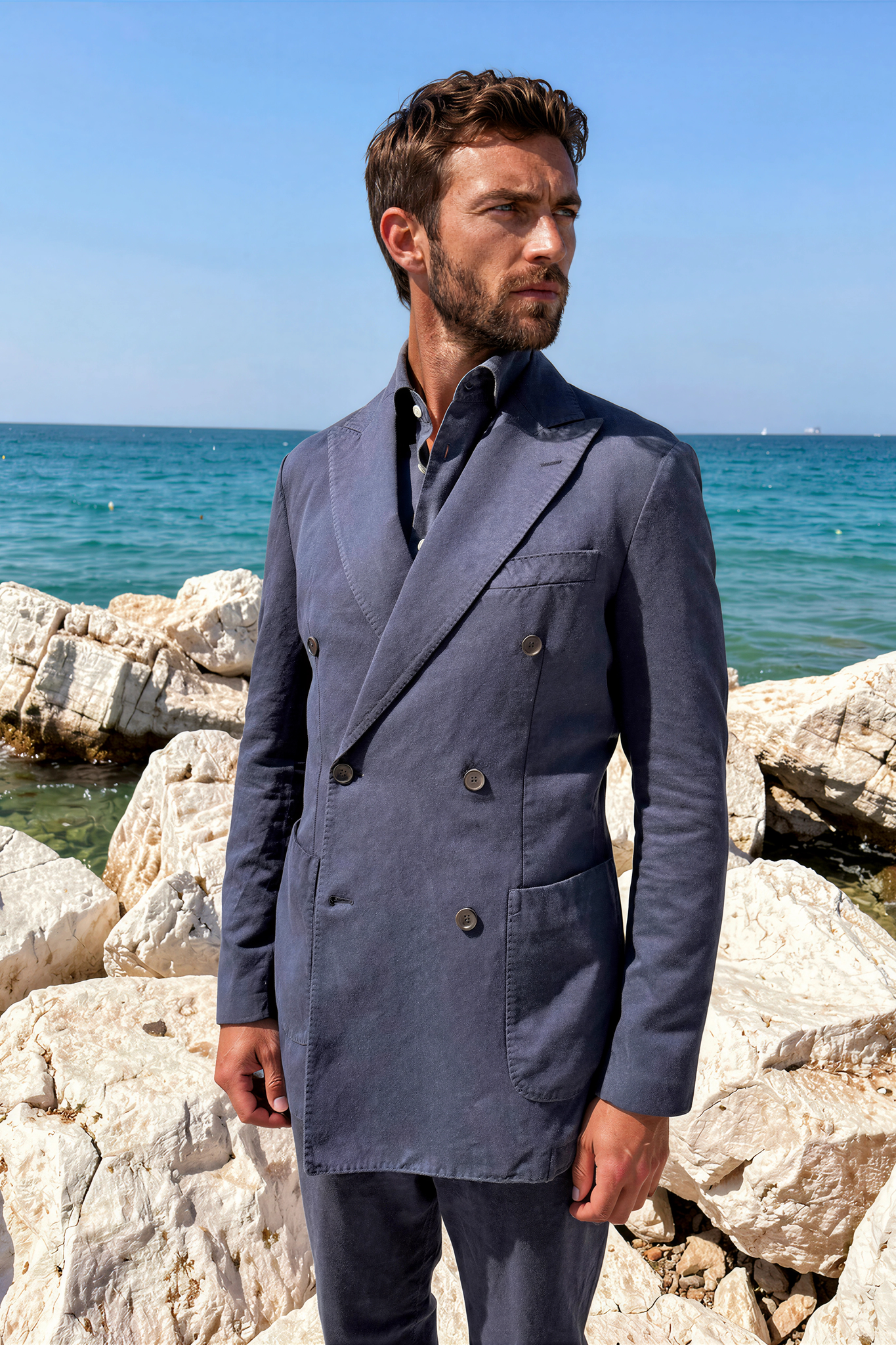 Veste longue croisée Emilio en coton lin - Marine-VESTE BLAZER HOMME-Curling-Paris
