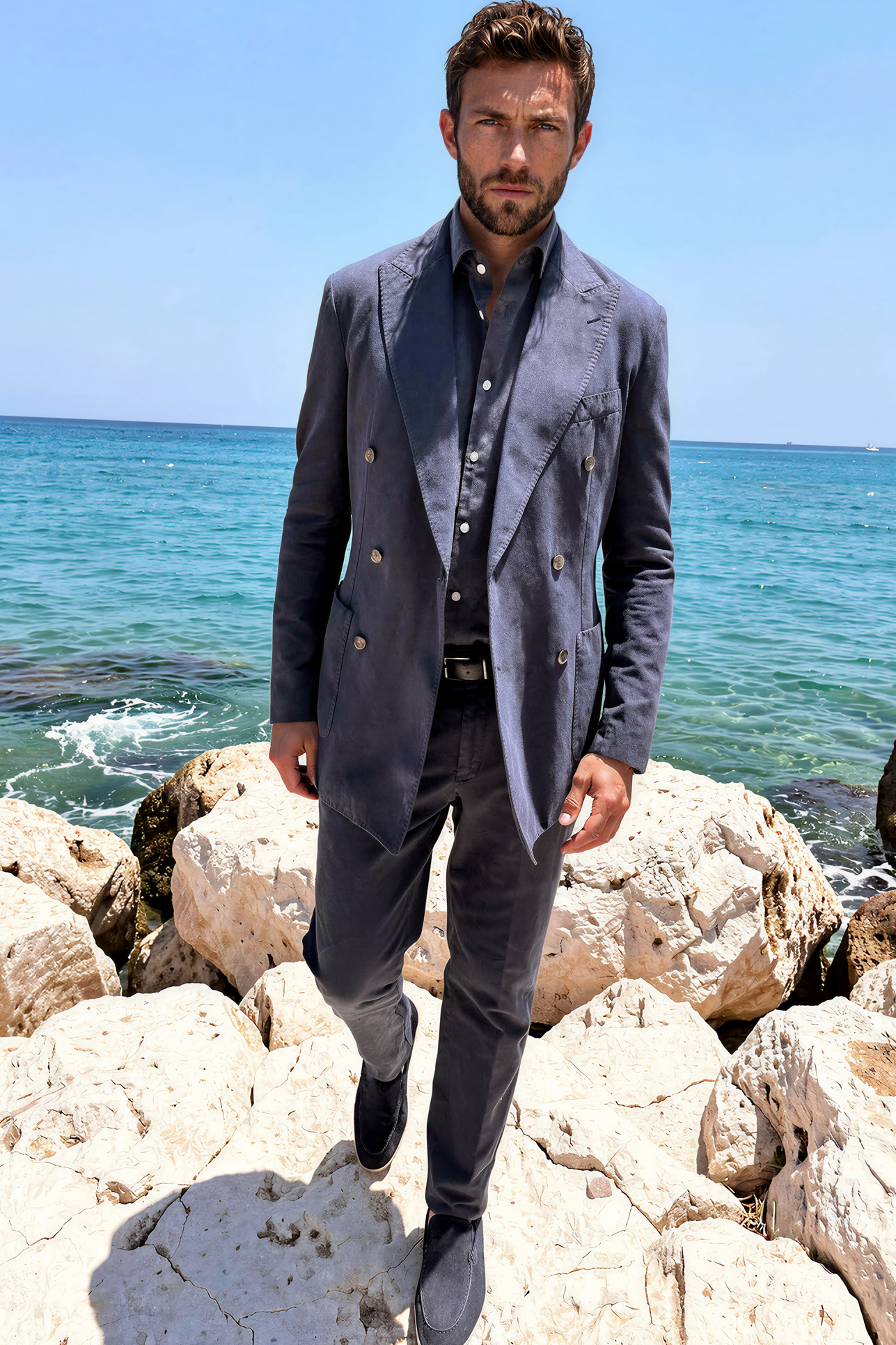 Veste longue croisée Emilio en coton lin - Marine-VESTE BLAZER HOMME-Curling-Paris