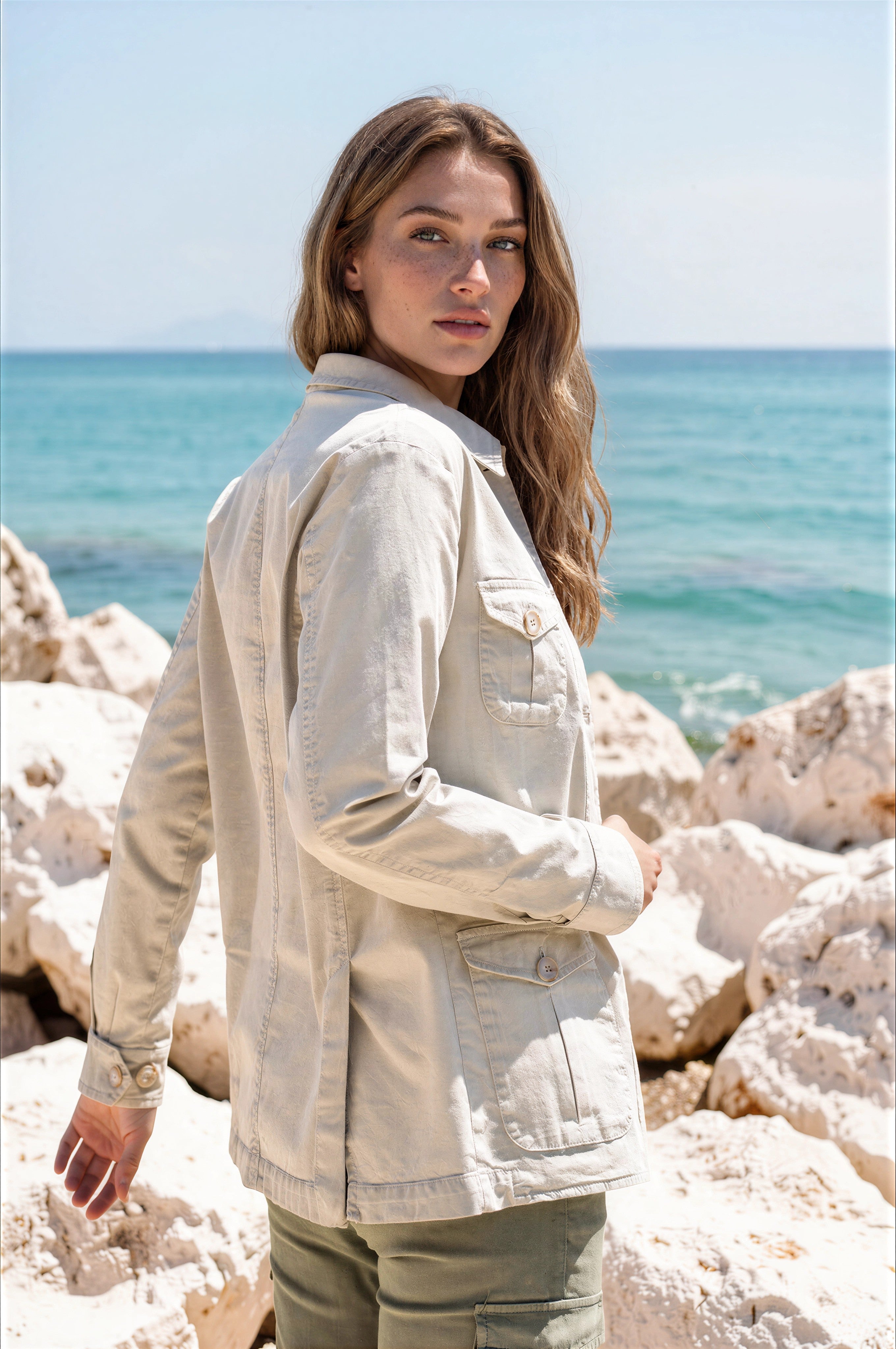 Veste saharienne Louise en coton stretch - Beige-VESTE BLAZER FEMME-Curling-Paris