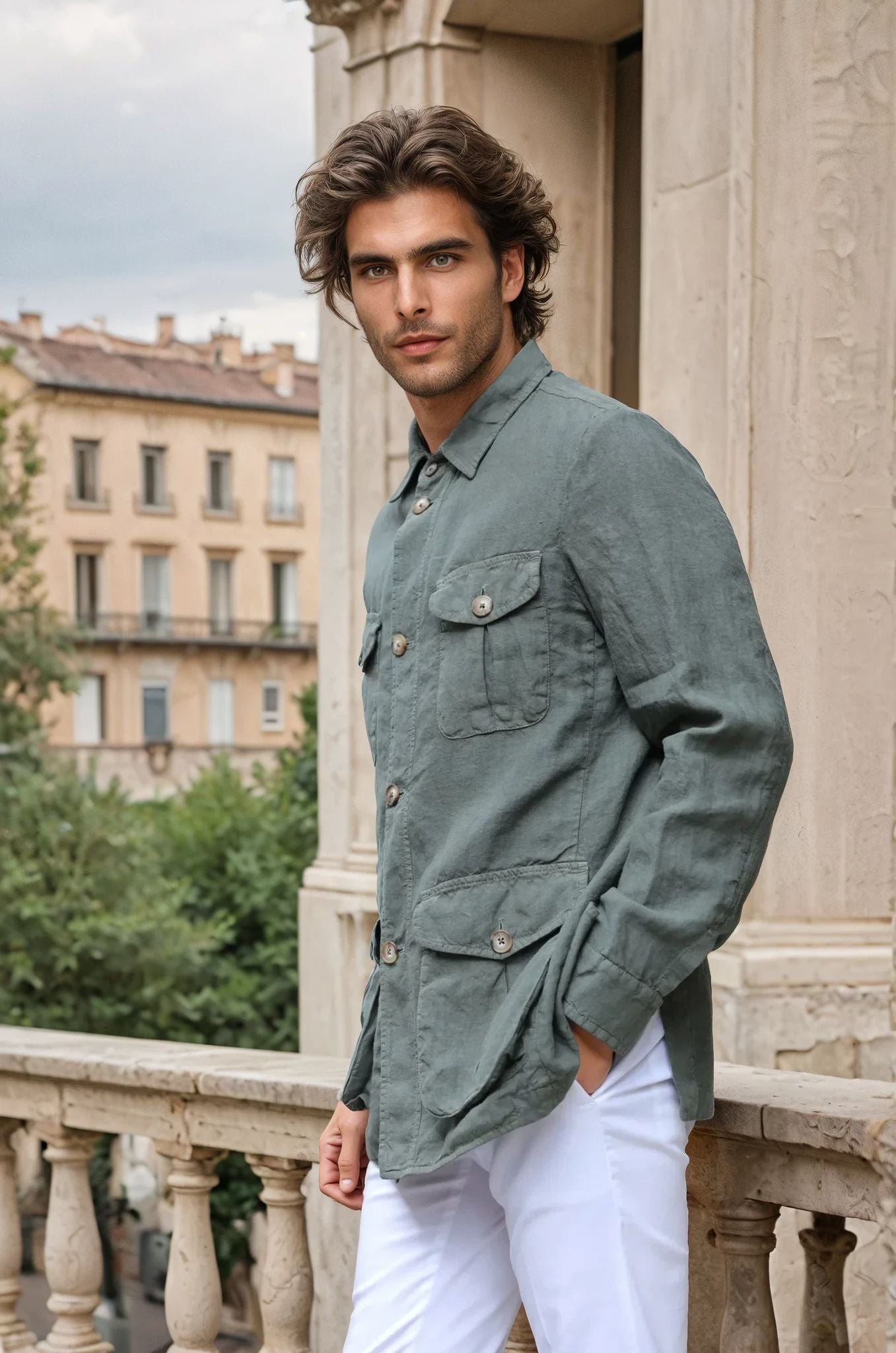 Veste saharienne en lin - Kaki-VESTE BLAZER HOMME-Curling-Paris