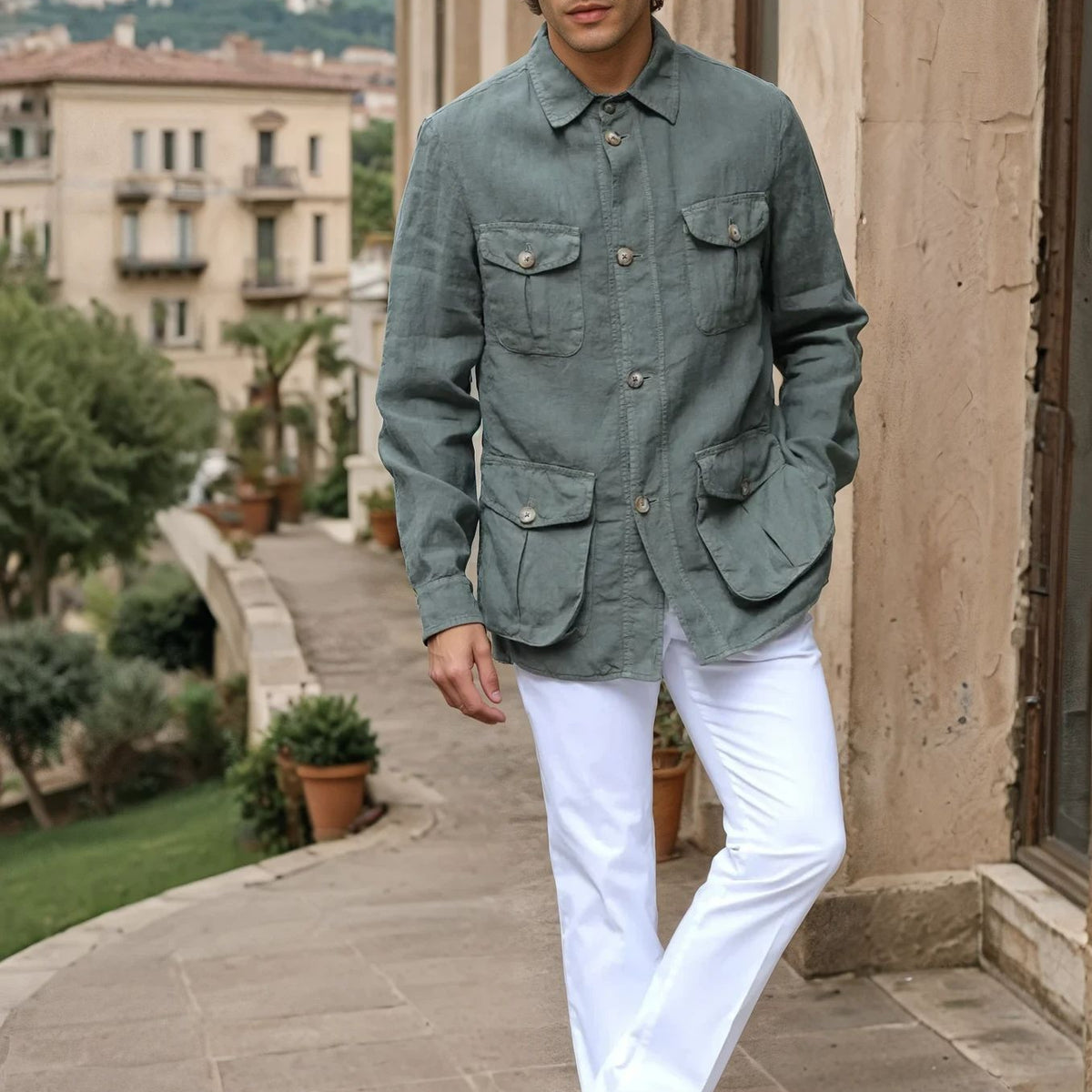 Veste saharienne d'été homme casual chic en lin kaki Curling Paris