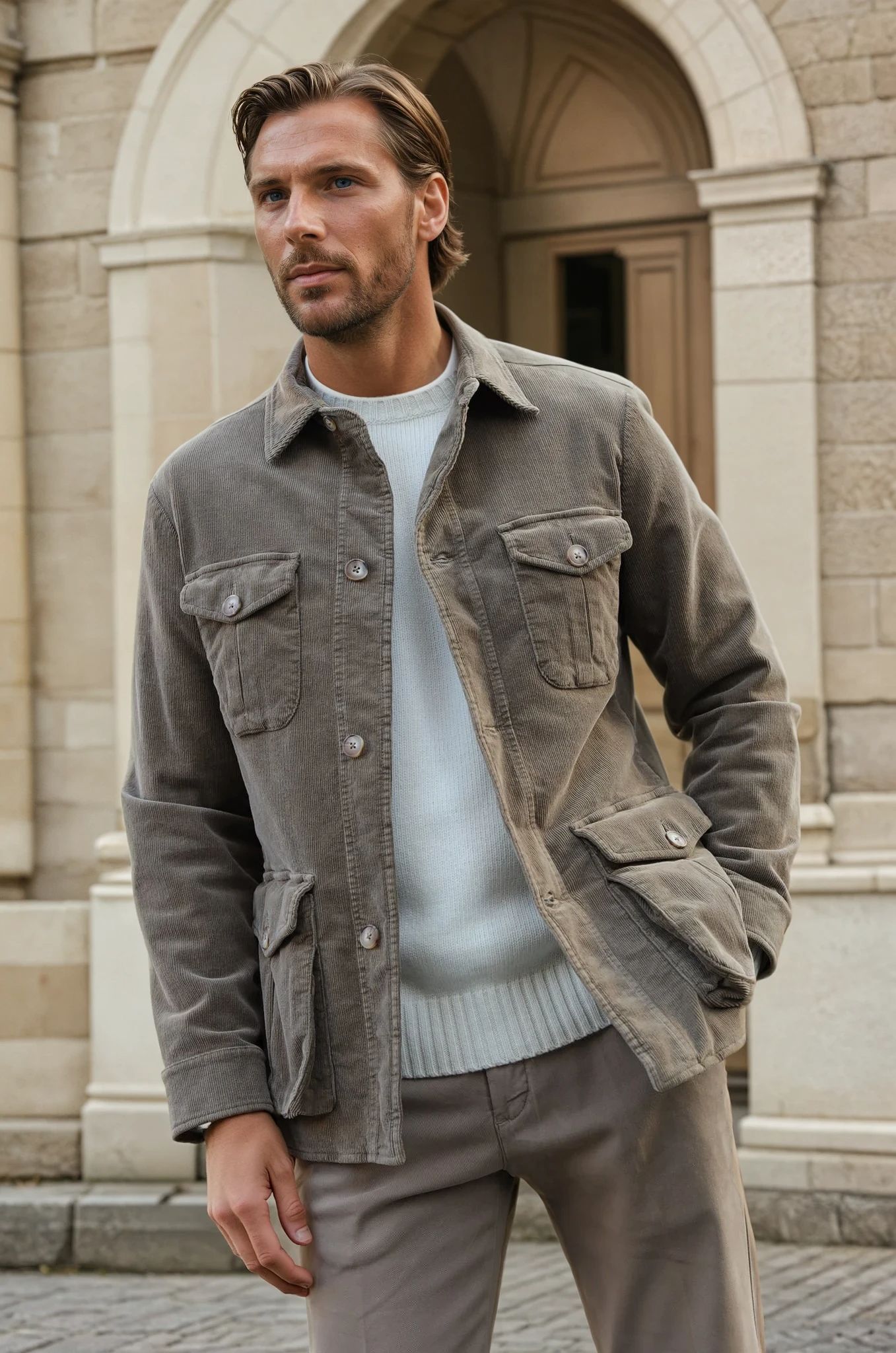 Veste saharienne en velours côtelé stretch - Taupe-VESTE BLAZER HOMME-Curling-Paris