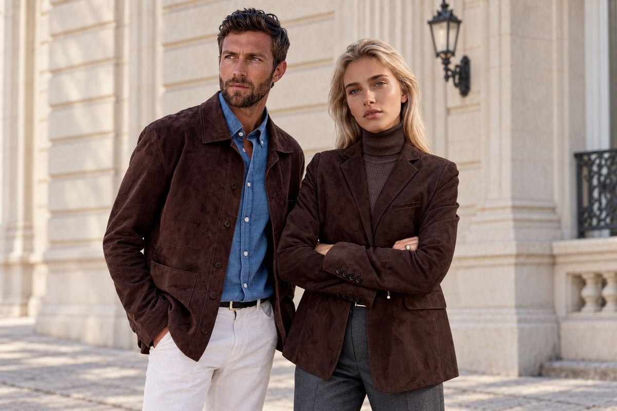 Couple Curling en vestes marron devant une façade parisienne — collection Automne-Hiver