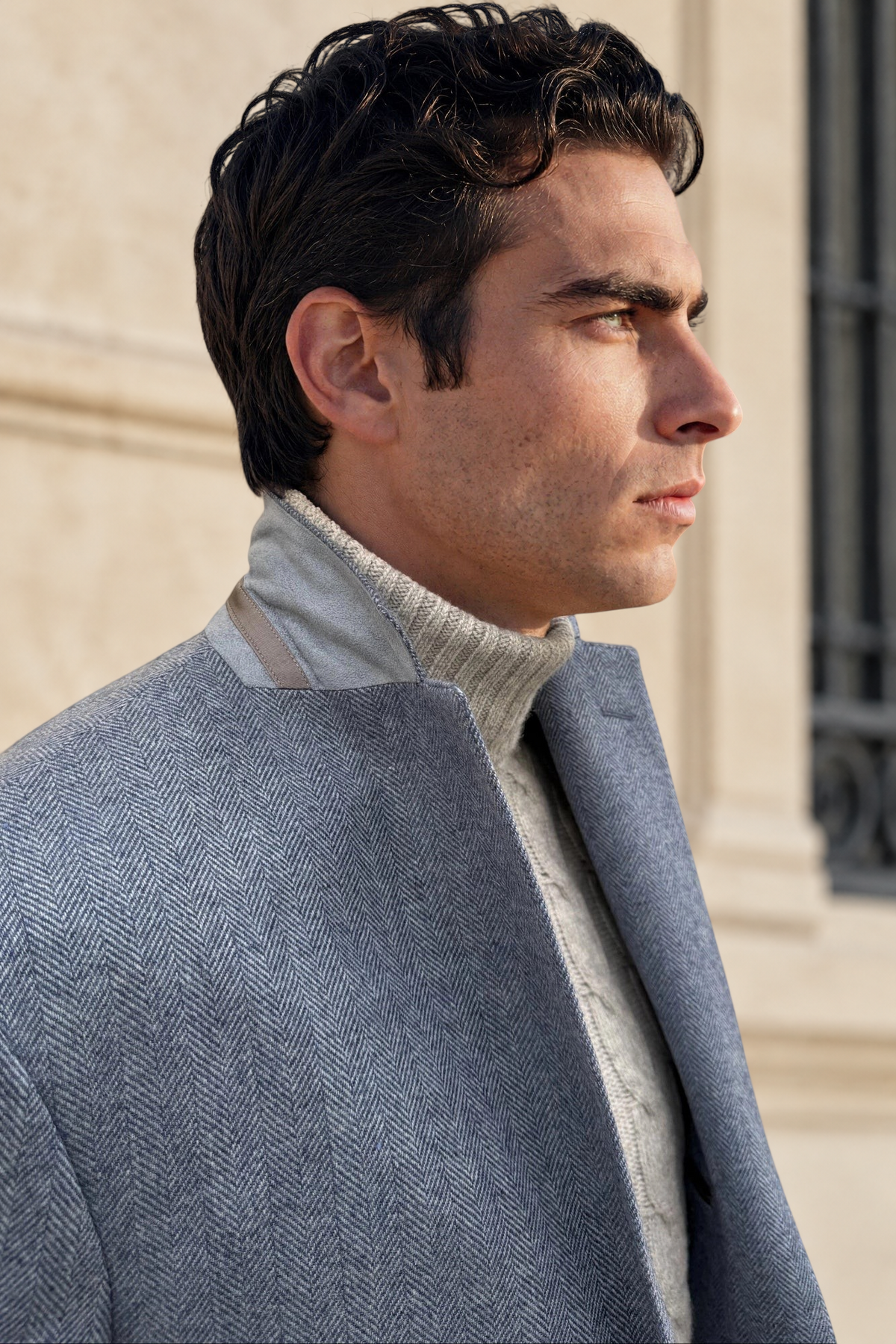 Colbert Giorgio van Angelico-scheerwol met visgraatmotief – Denimblauw