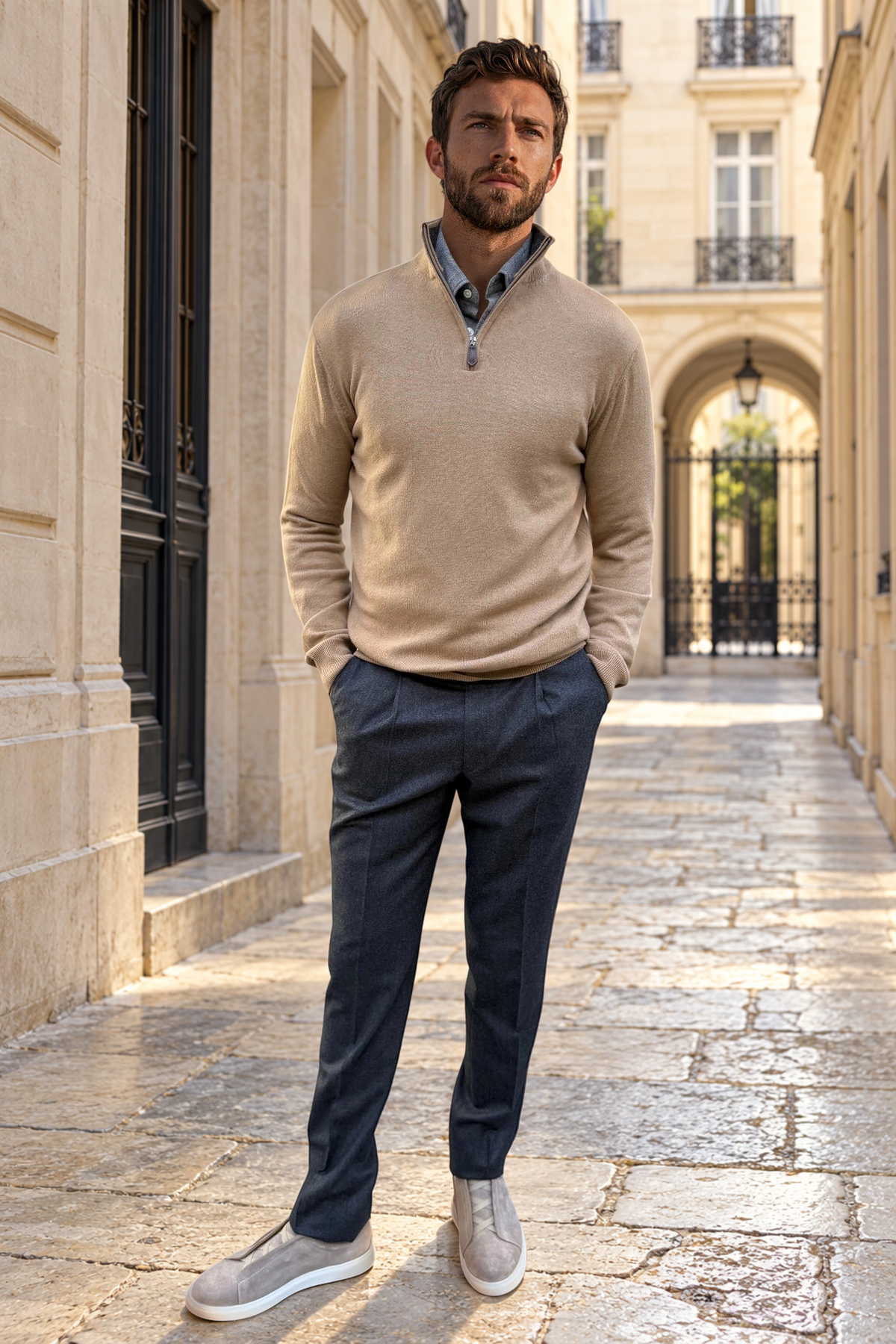 Amar 100% cashmere zip-neck sweater – Camel