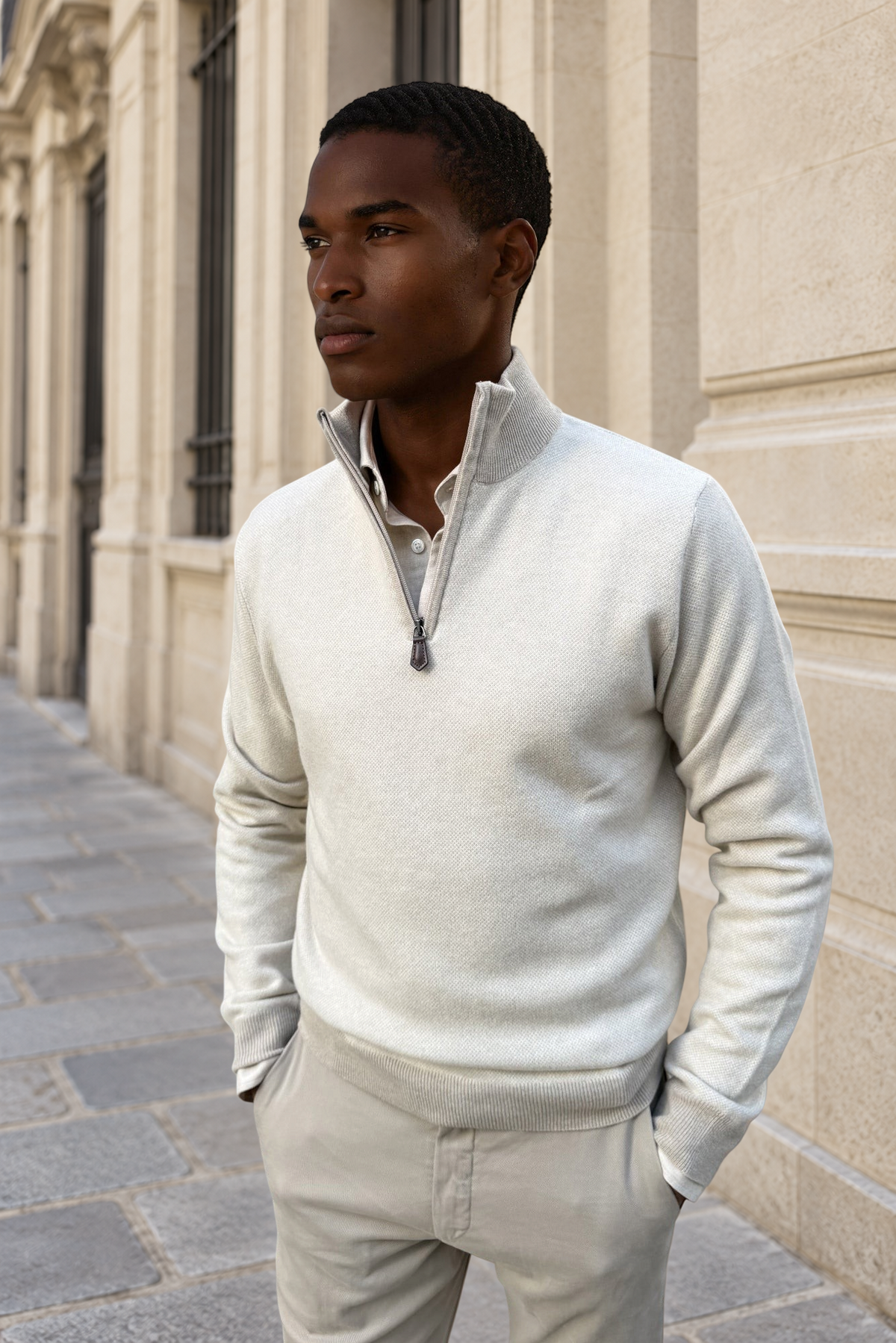 Alberto trui met ritssluiting van wol & kasjmier caviar – Beige