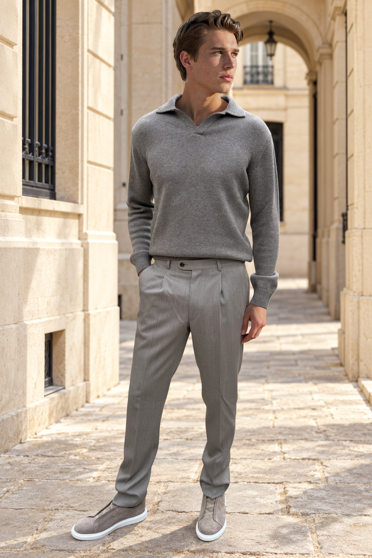 Henri pleated trousers in Super 120's virgin wool flannel - Taupe