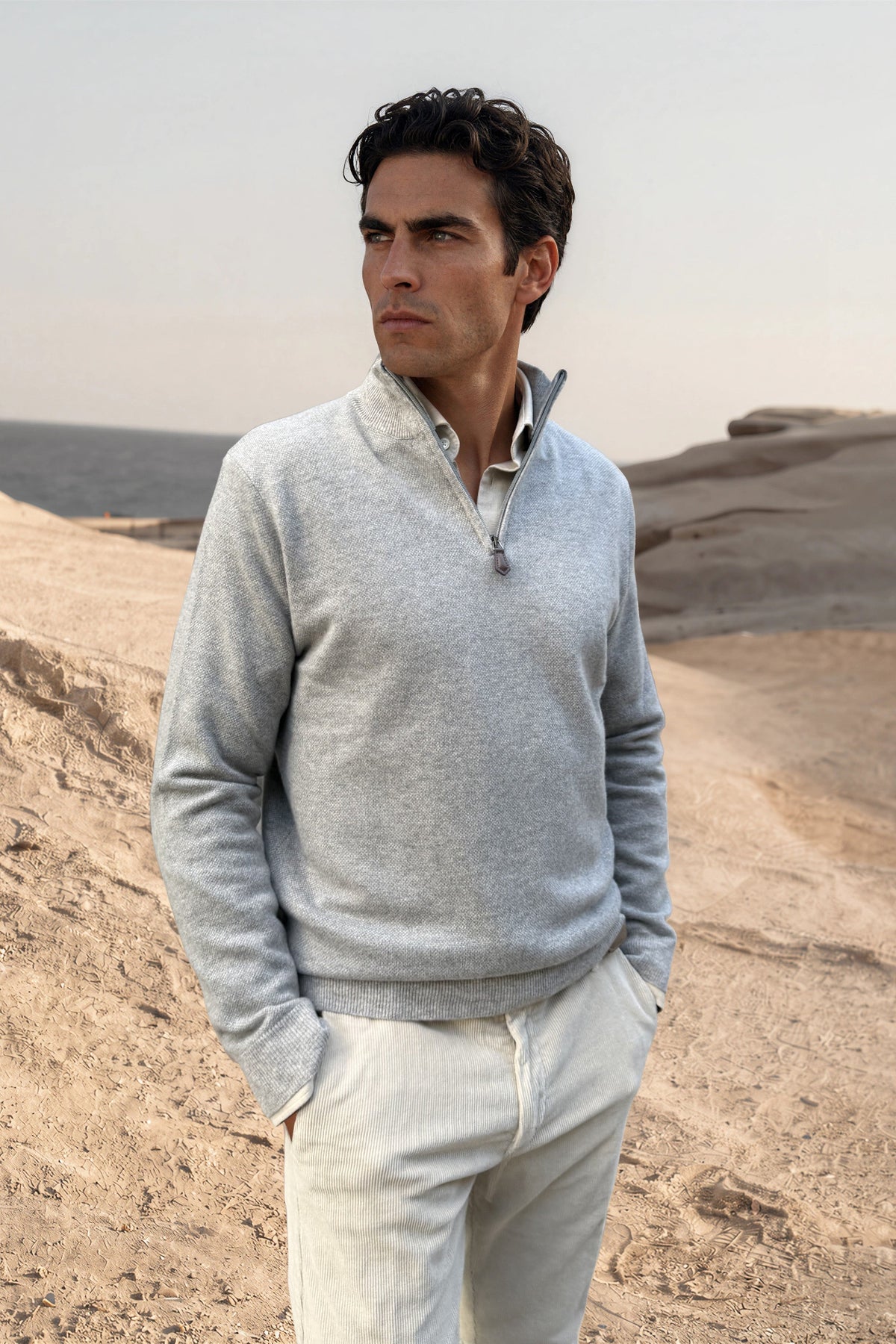 Alberto wool & cashmere zip-neck sweater caviar – Grey