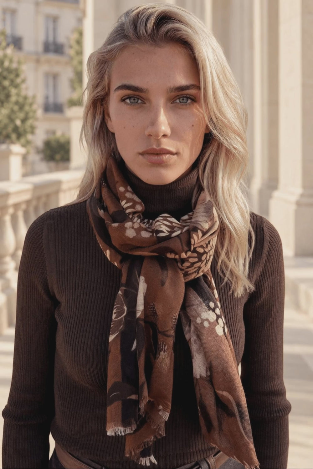 Étole Helene en laine & soie imprimée – Caramel — vidéo produit