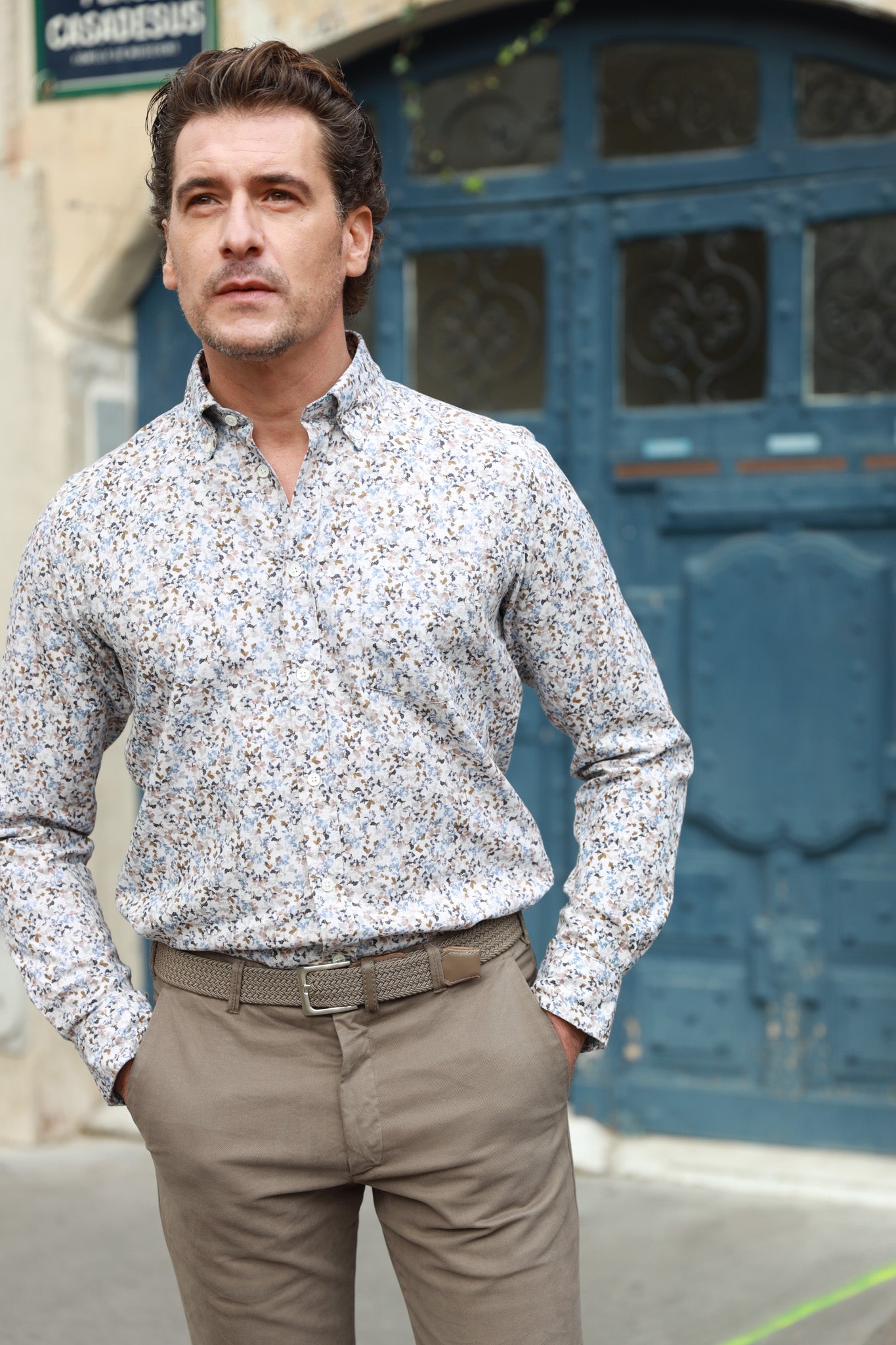 Chemise Clovis col boutonné à fleurs - Bleu & beige-CHEMISE HOMME-Curling-Paris