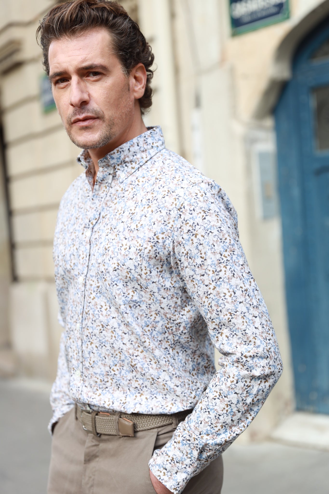Chemise Clovis col boutonné à fleurs - Bleu & beige-CHEMISE HOMME-Curling-Paris