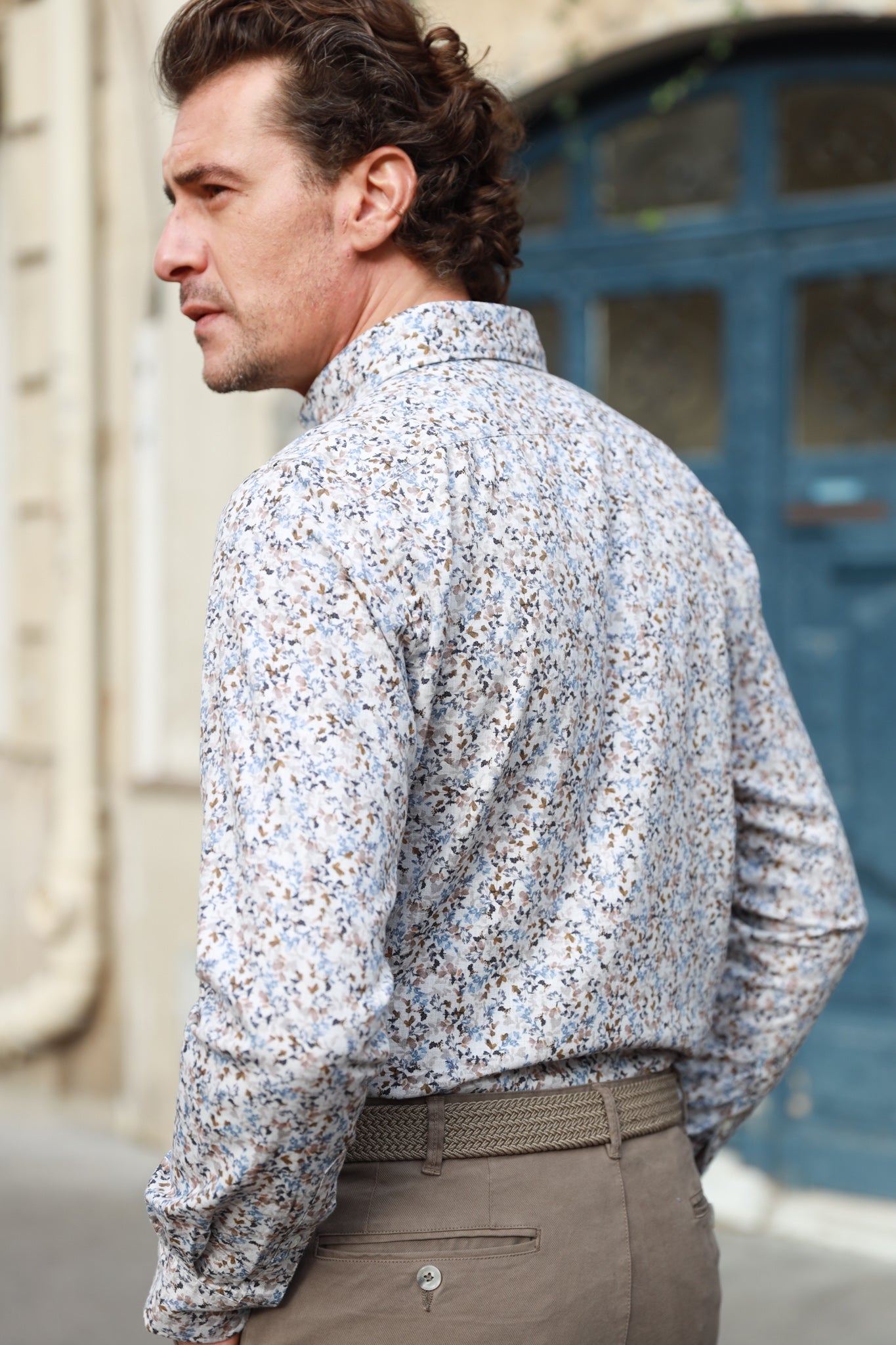 Chemise Clovis col boutonné à fleurs - Bleu & beige-CHEMISE HOMME-Curling-Paris