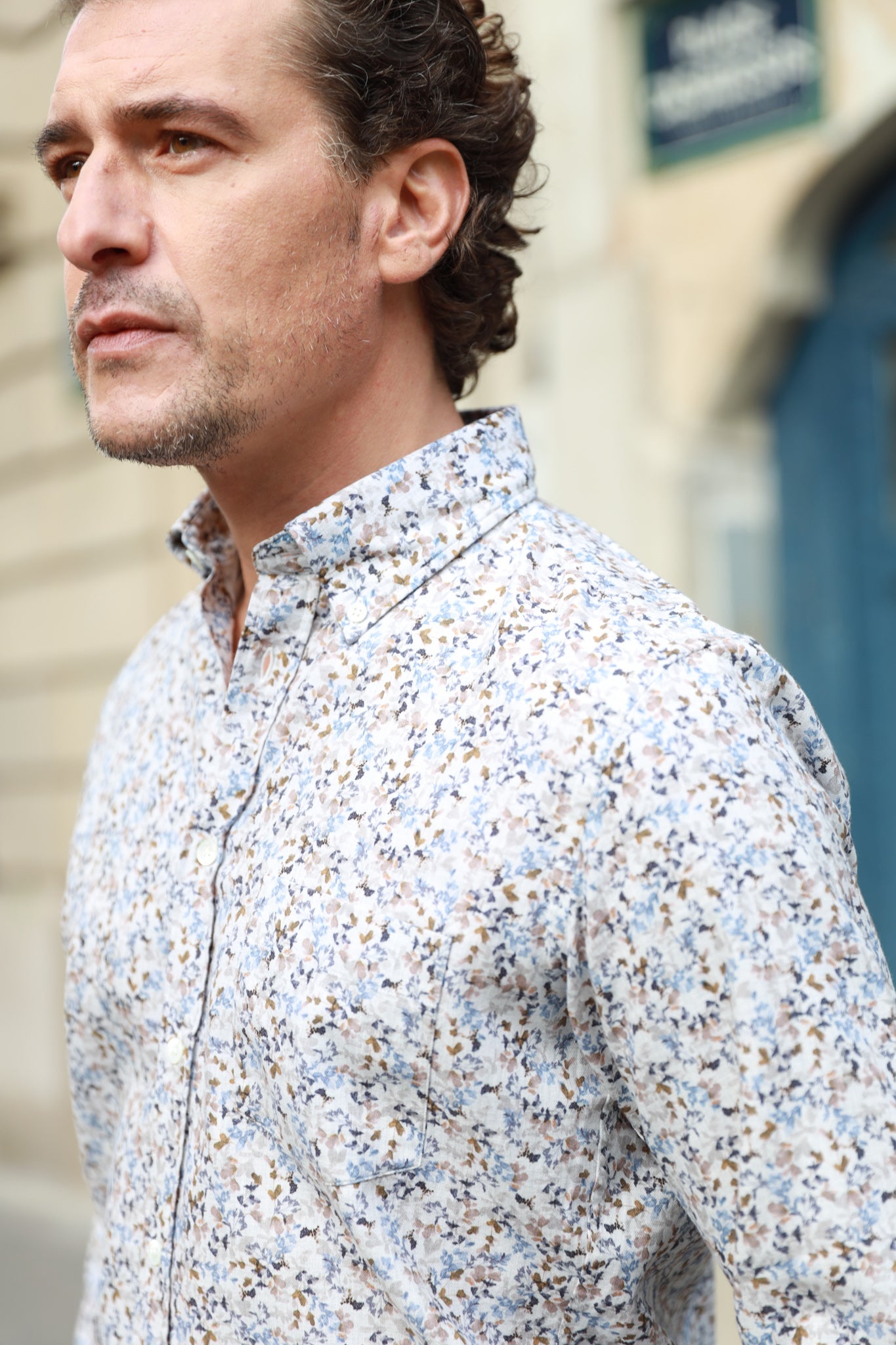 Chemise Clovis col boutonné à fleurs - Bleu & beige-CHEMISE HOMME-Curling-Paris