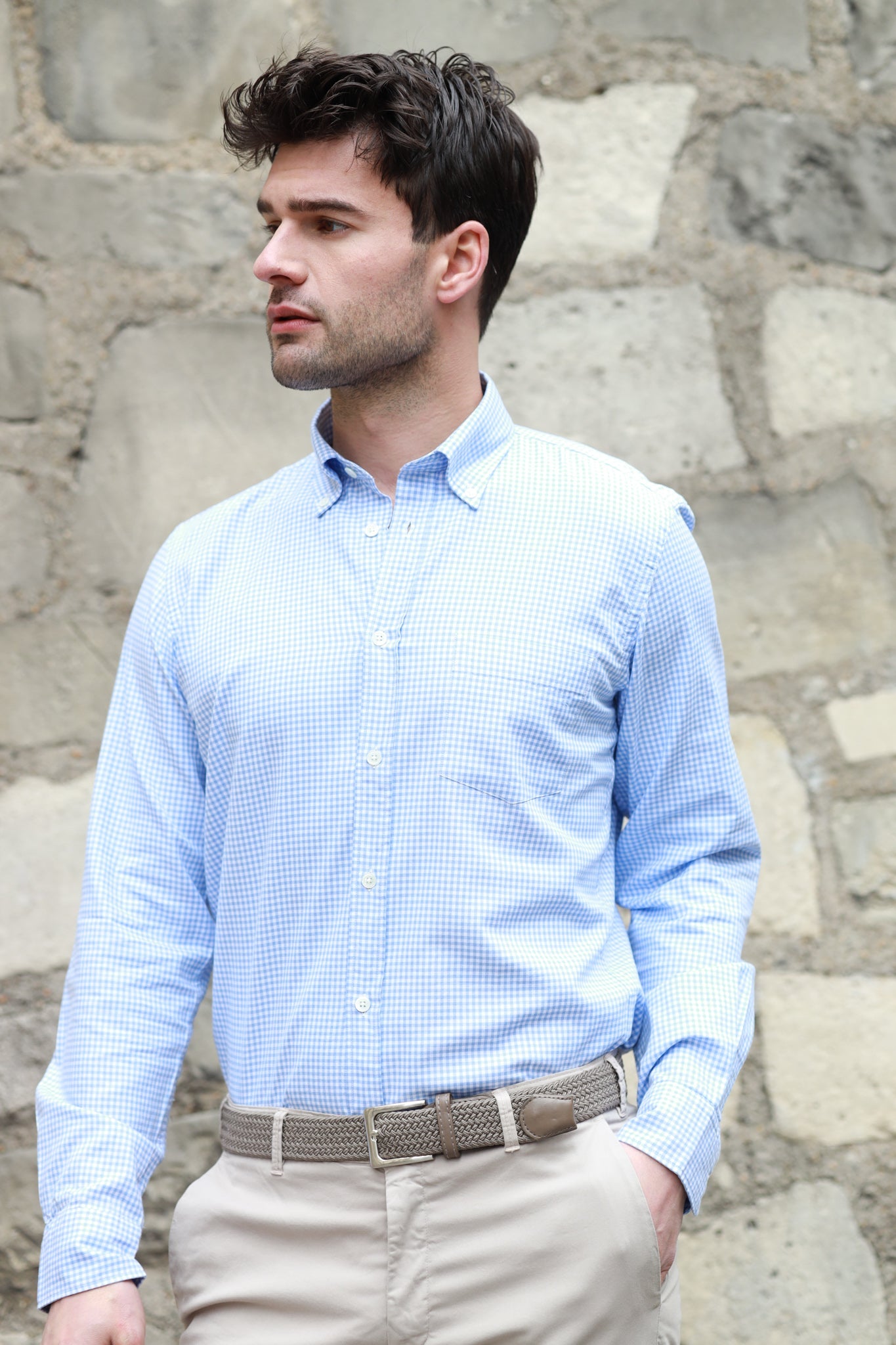 Chemise Clovis col boutonné en coton oxford - Vichy ciel-CHEMISE HOMME-Curling-Paris