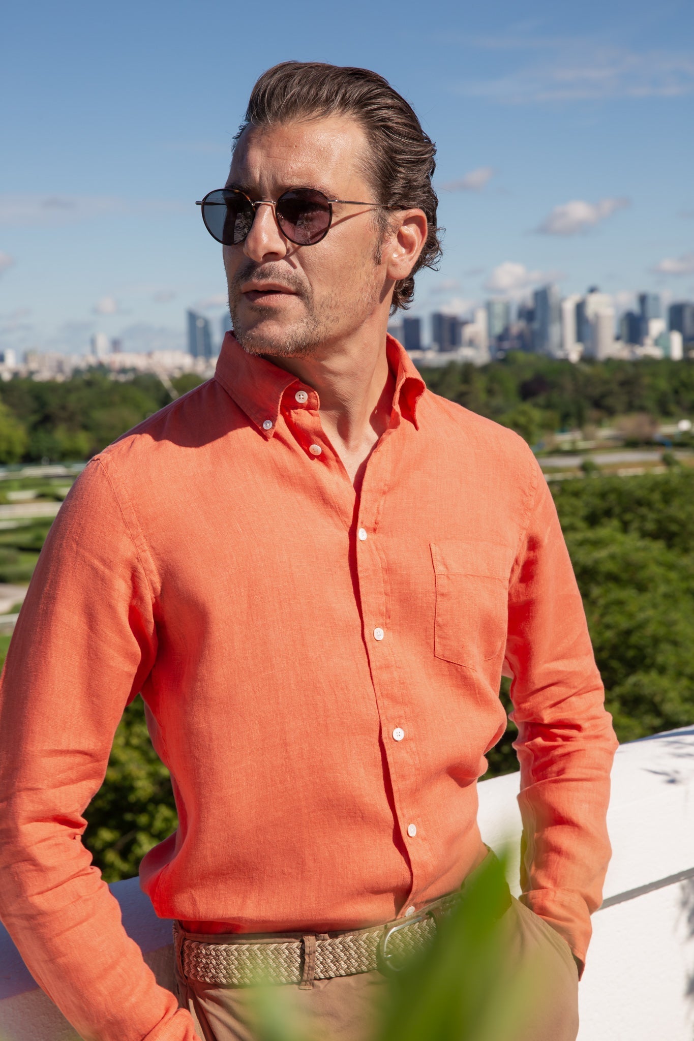 Chemise Clovis en lin - Orange-CHEMISE HOMME-Curling-Paris