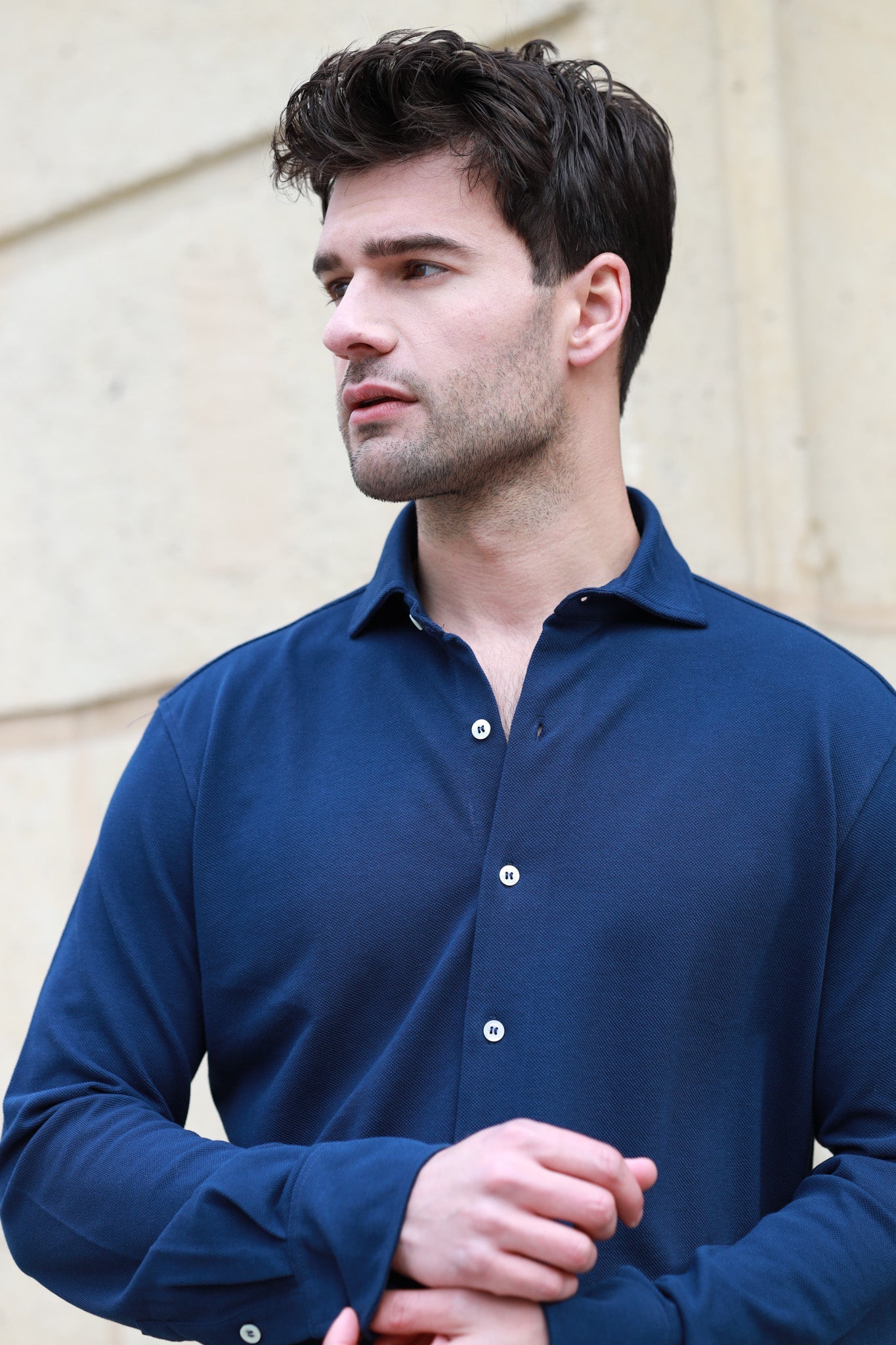 Chemise Enzo en coton piqué - Marine-CHEMISE HOMME-Curling-Paris