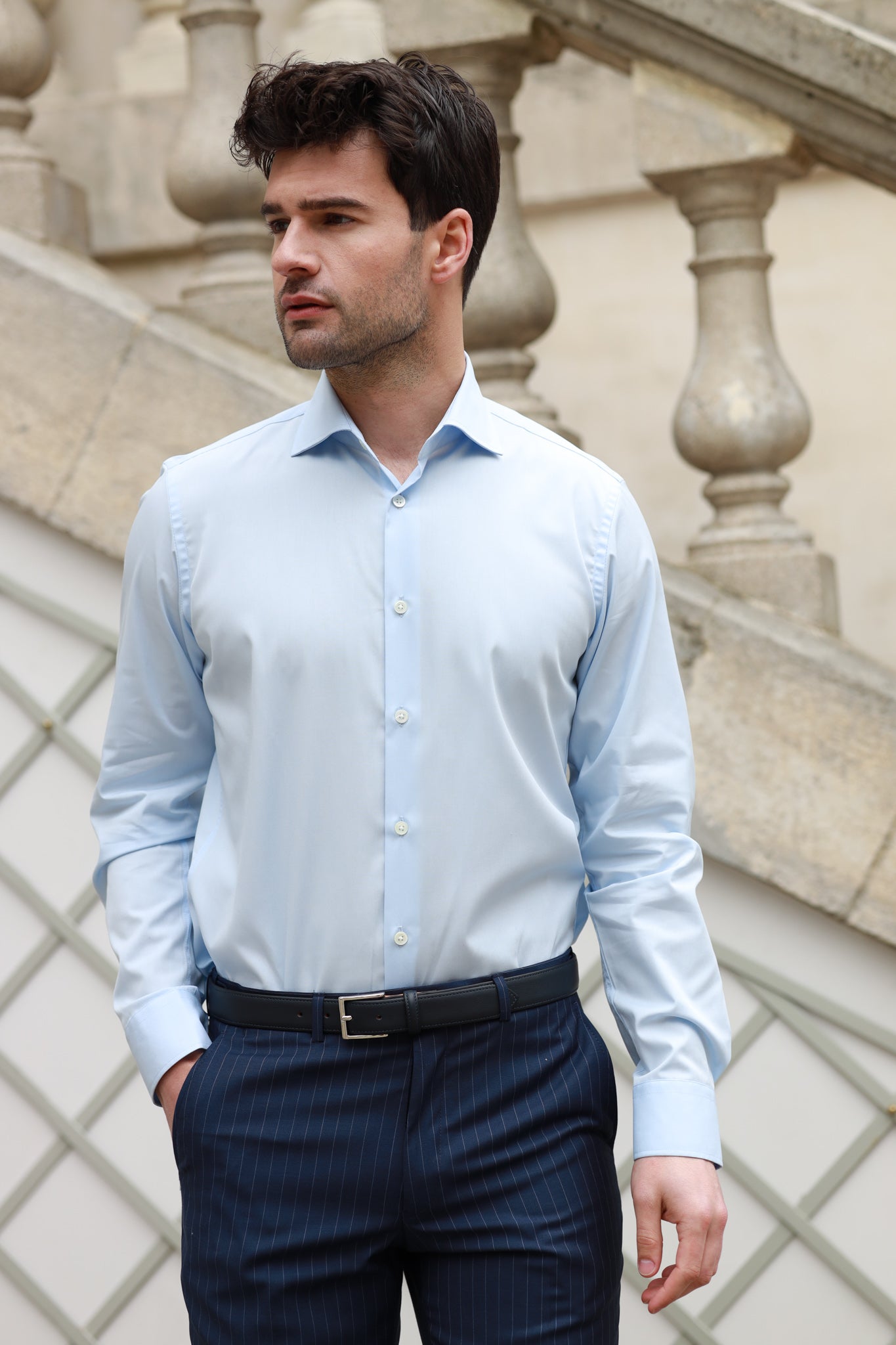 Chemise Gio col italien en coton technique - Ciel-CHEMISE HOMME-Curling-Paris