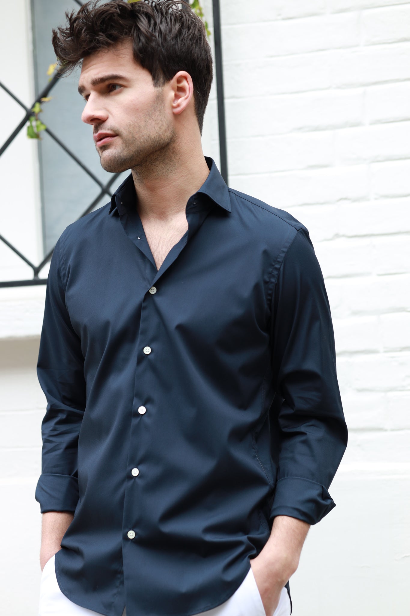 Chemise Gio col italien en coton technique - Marine-CHEMISE HOMME-Curling-Paris