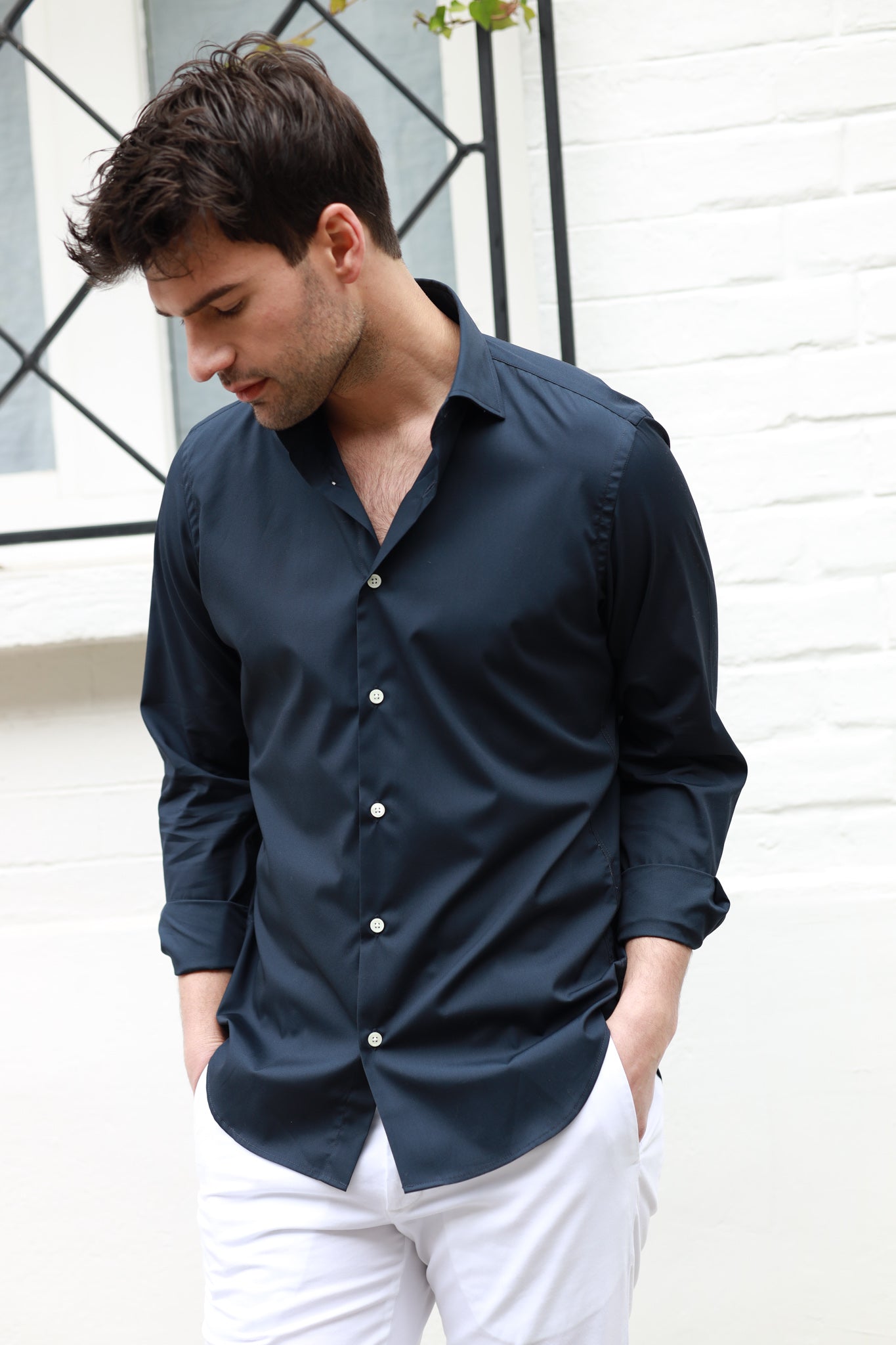 Chemise Gio col italien en coton technique - Marine-CHEMISE HOMME-Curling-Paris