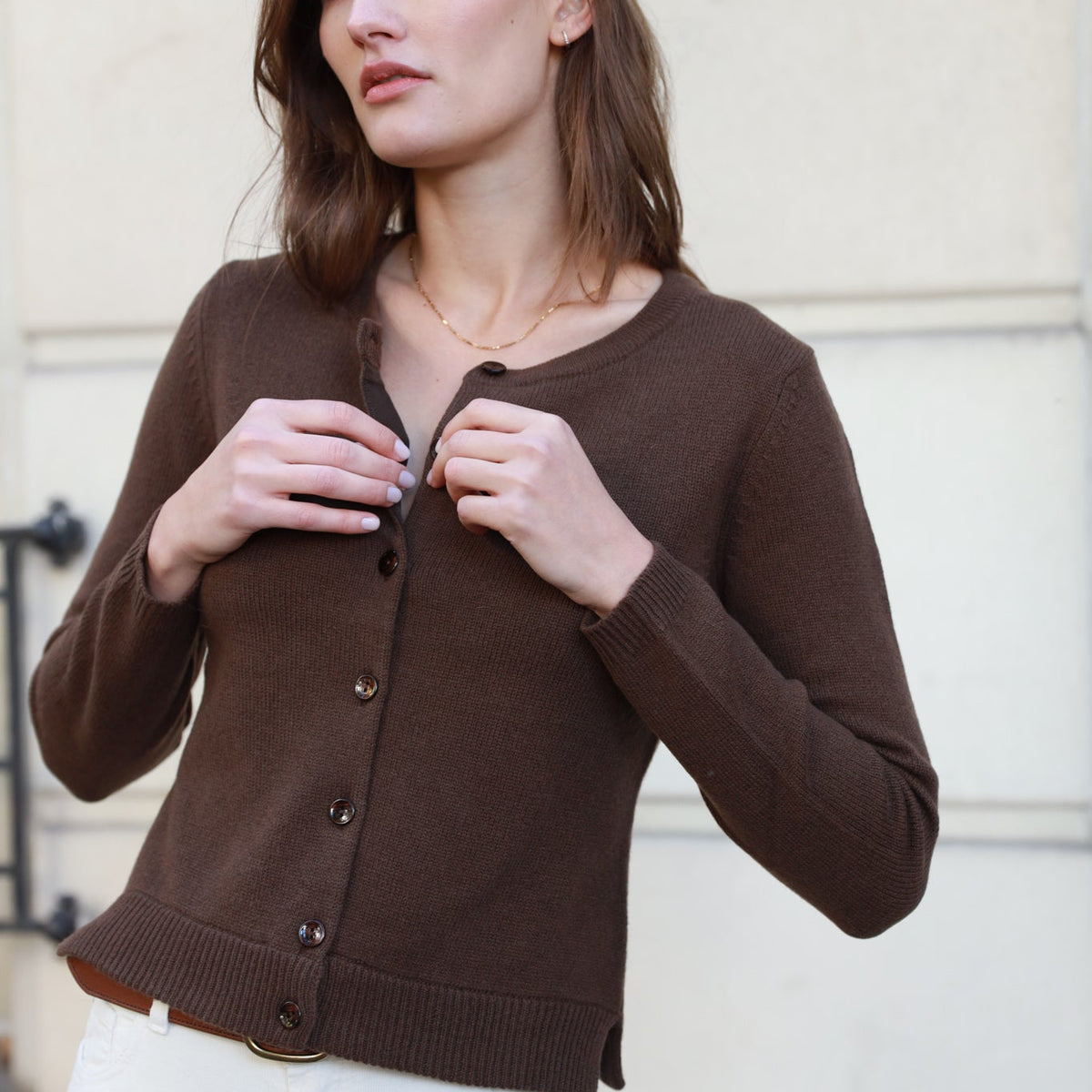 Cachemire Gilet Maille Marron Femme Gilet Charlie à Boutons Col - Main Image