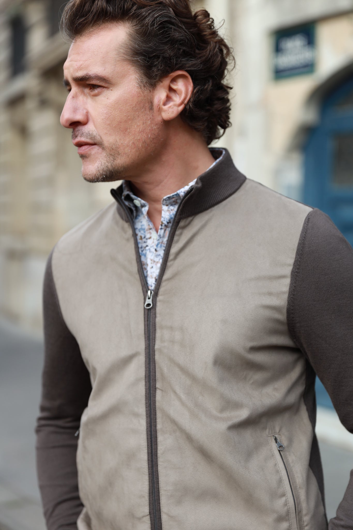 Gilet zippé Baptiste en laine mérinos et et nubuck - Taupe-PULL HOMME-Curling-Paris