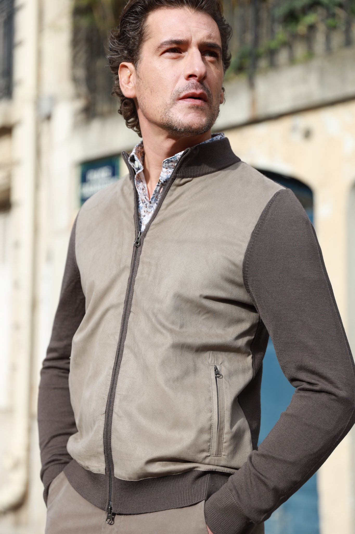 Gilet zippé Baptiste en laine mérinos et et nubuck - Taupe-PULL HOMME-Curling-Paris