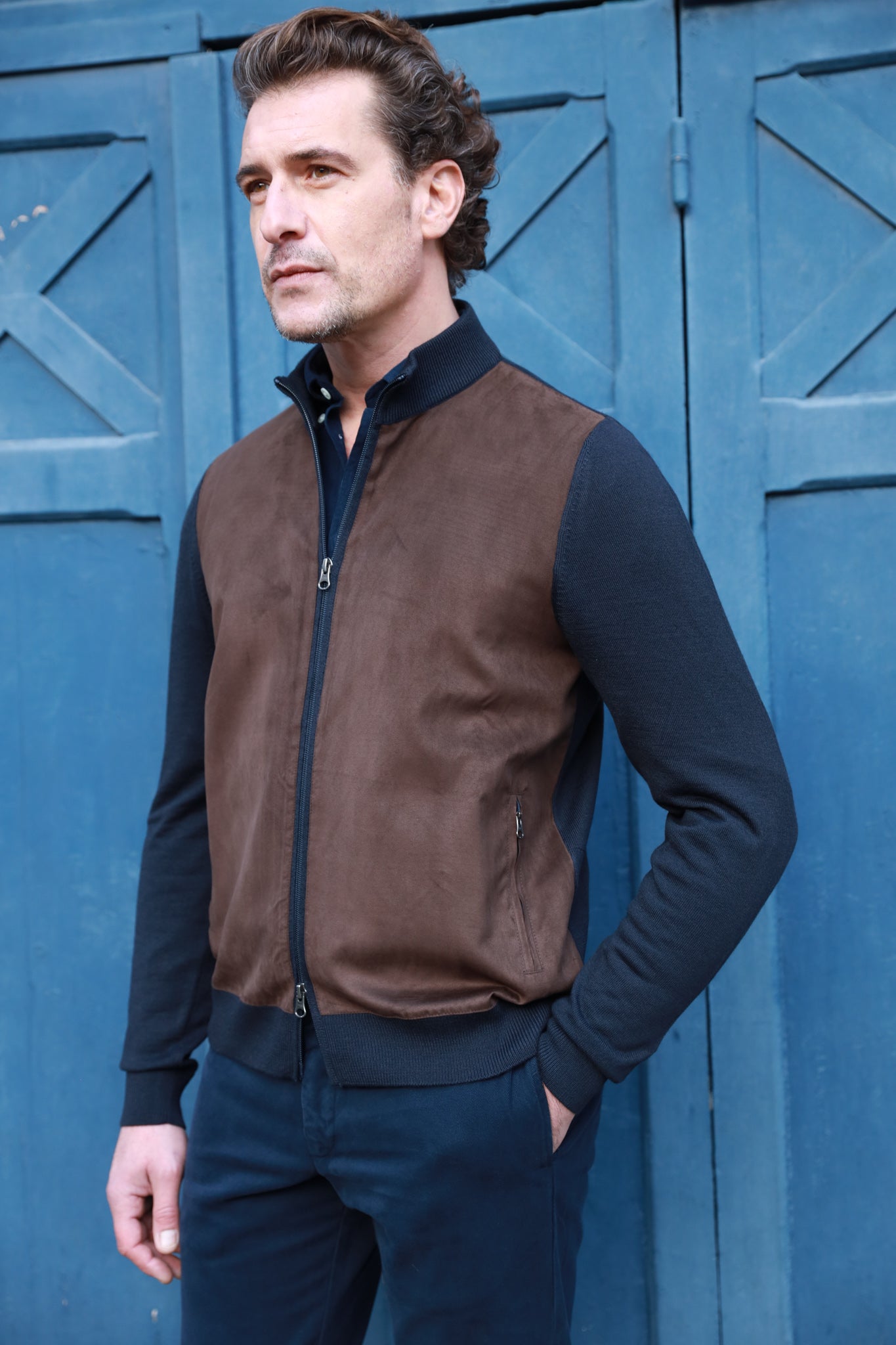 Gilet zippé Baptiste en laine mérinos et nubuck - Cognac-PULL HOMME-Curling-Paris