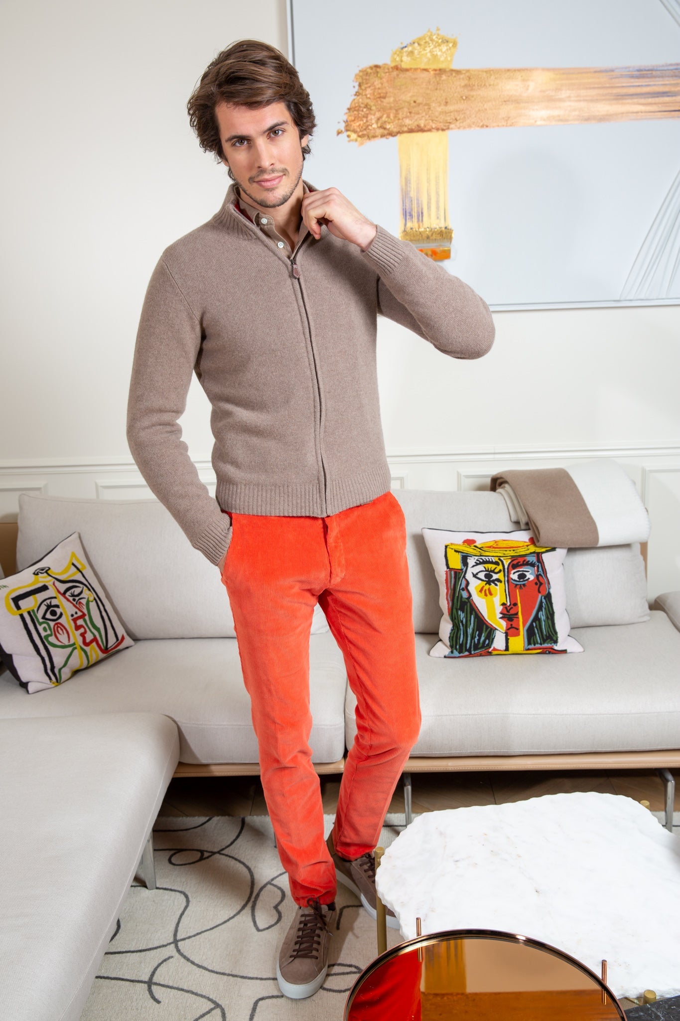 Gilet zippé en laine & cachemire - Mushroom-PULL HOMME-Curling-Paris