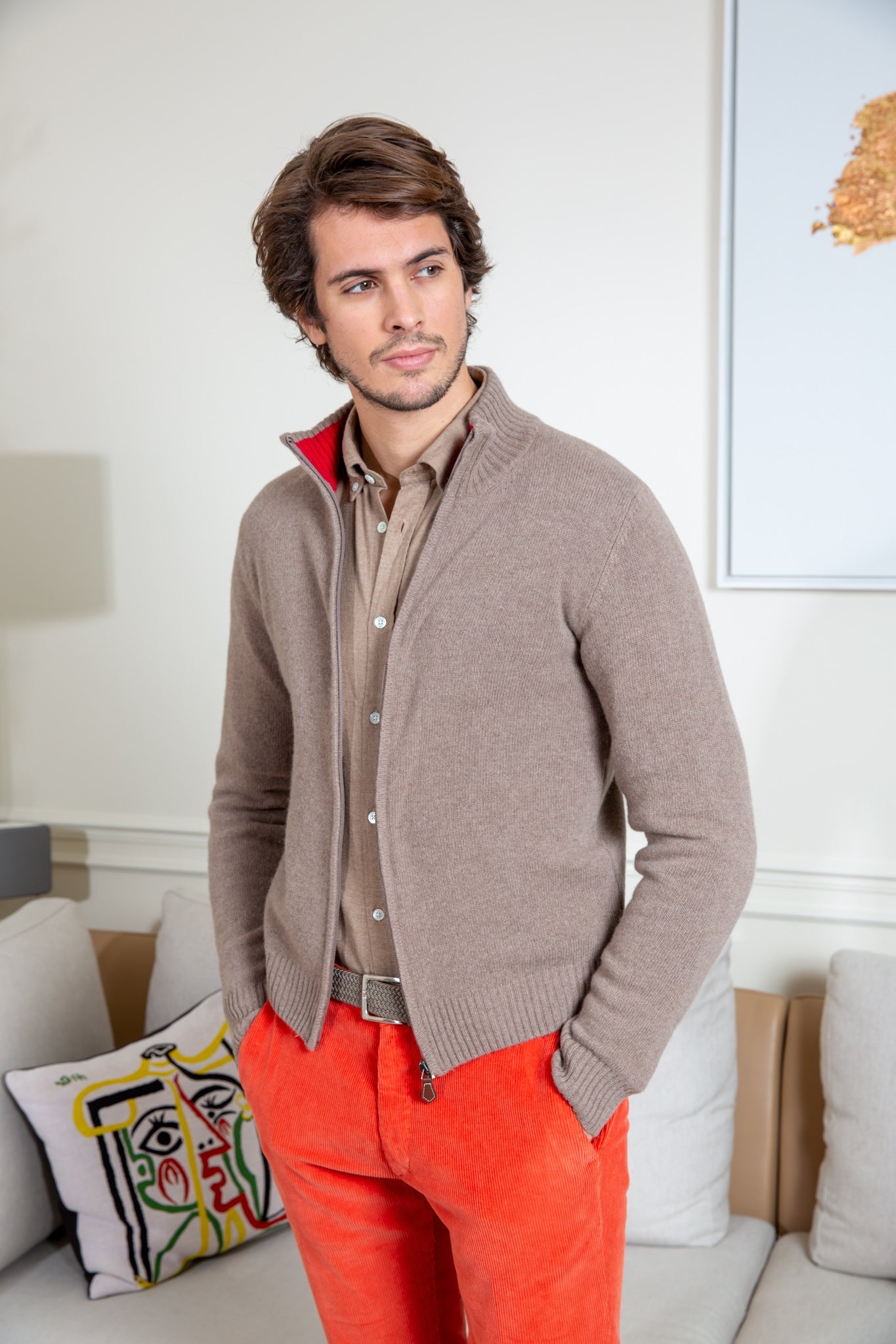 Gilet zippé en laine & cachemire - Mushroom-PULL HOMME-Curling-Paris