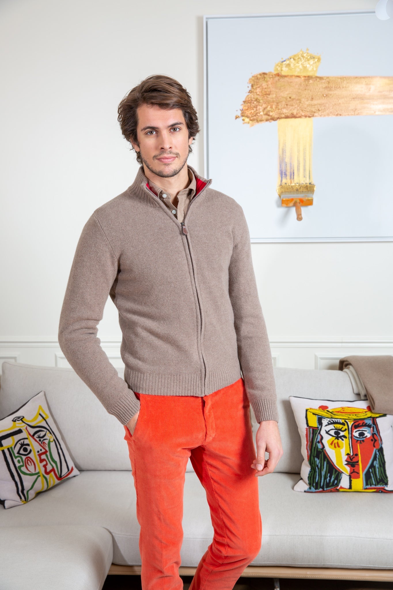 Gilet zippé en laine & cachemire - Mushroom-PULL HOMME-Curling-Paris