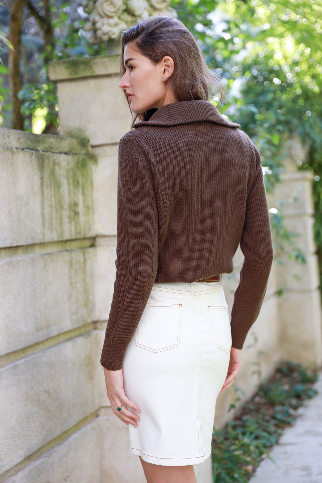 Jupe Maria en jean stretch - Ecru & caramel-JUPE FEMME-Curling-Paris