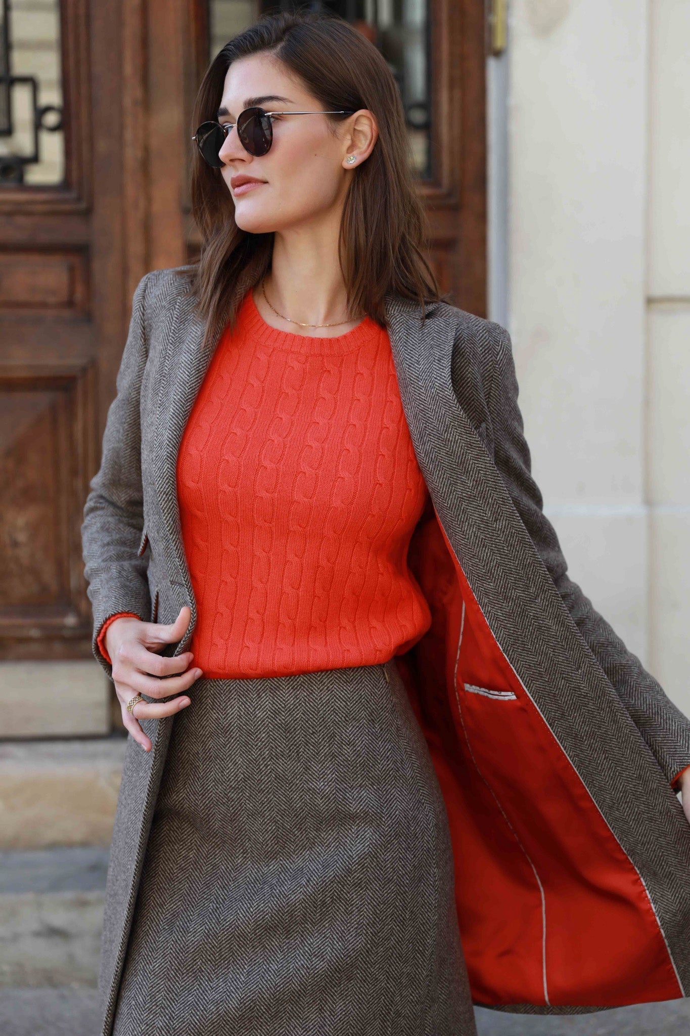 Manteau Jemma redingote en laine à Chevron - Marron-MANTEAU FEMME-Curling-Paris