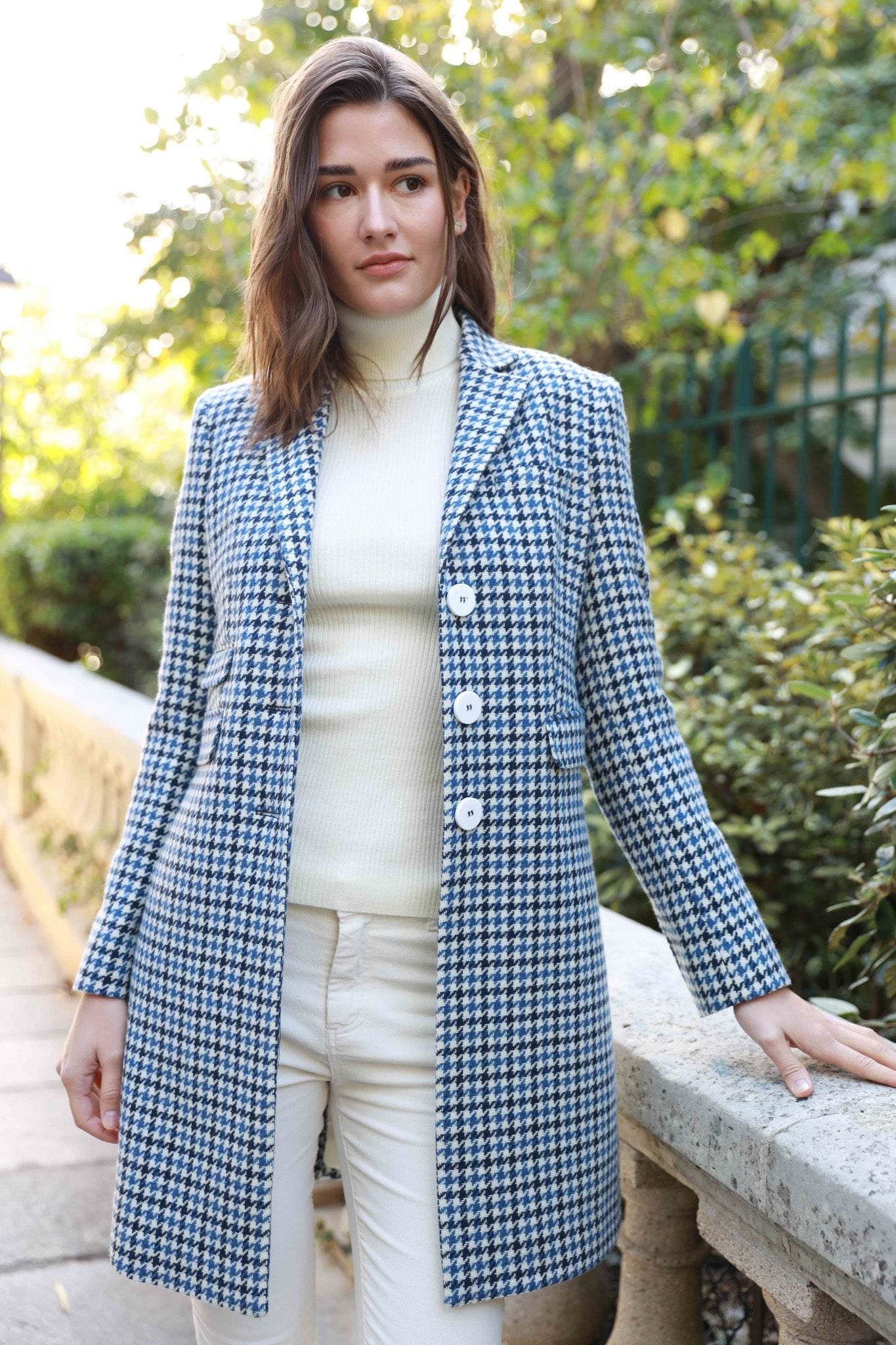 Manteau Jemma redingote en laine et cachemire - Pied de coq Bleu-MANTEAU FEMME-Curling-Paris