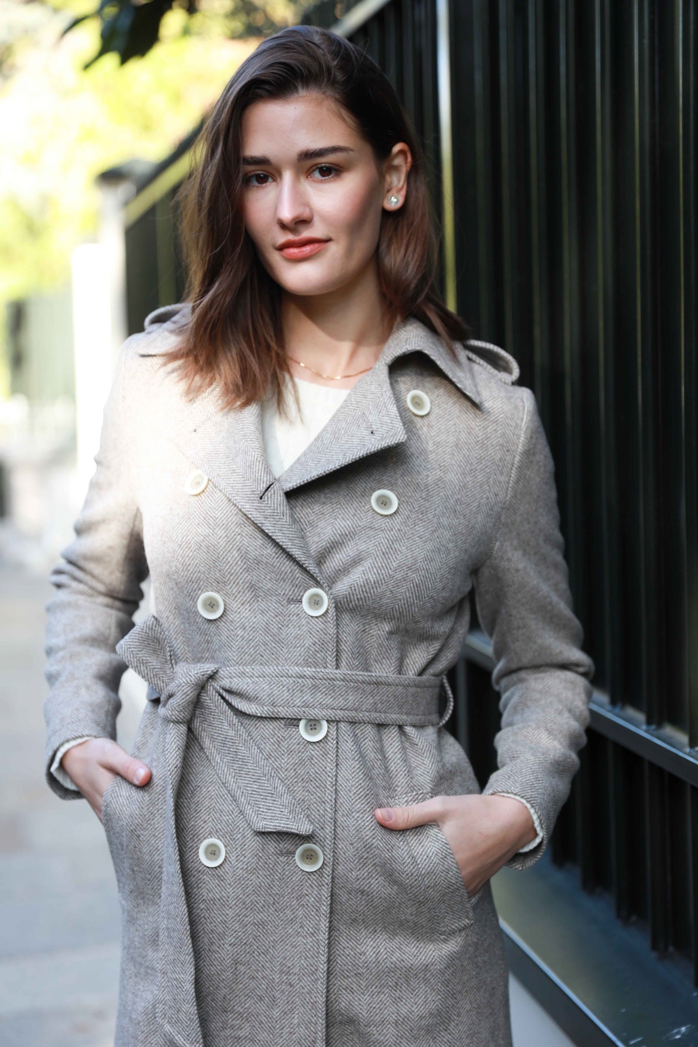 Manteau long croisé en laine à chevron Annie - Beige-MANTEAU FEMME-Curling-Paris
