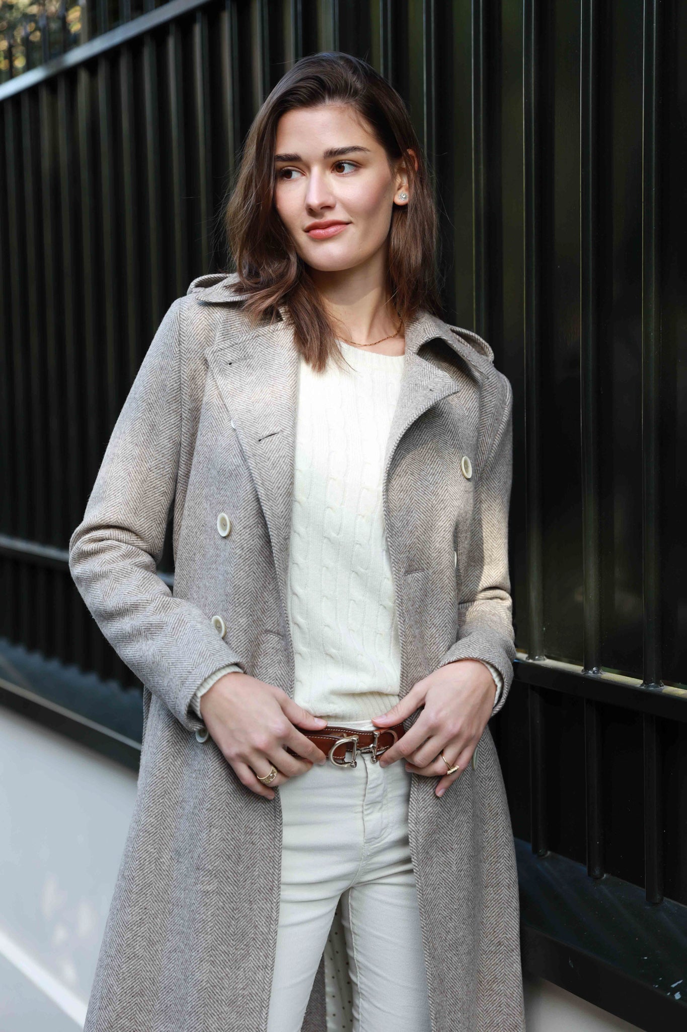 Manteau long croisé en laine à chevron Annie - Beige-MANTEAU FEMME-Curling-Paris
