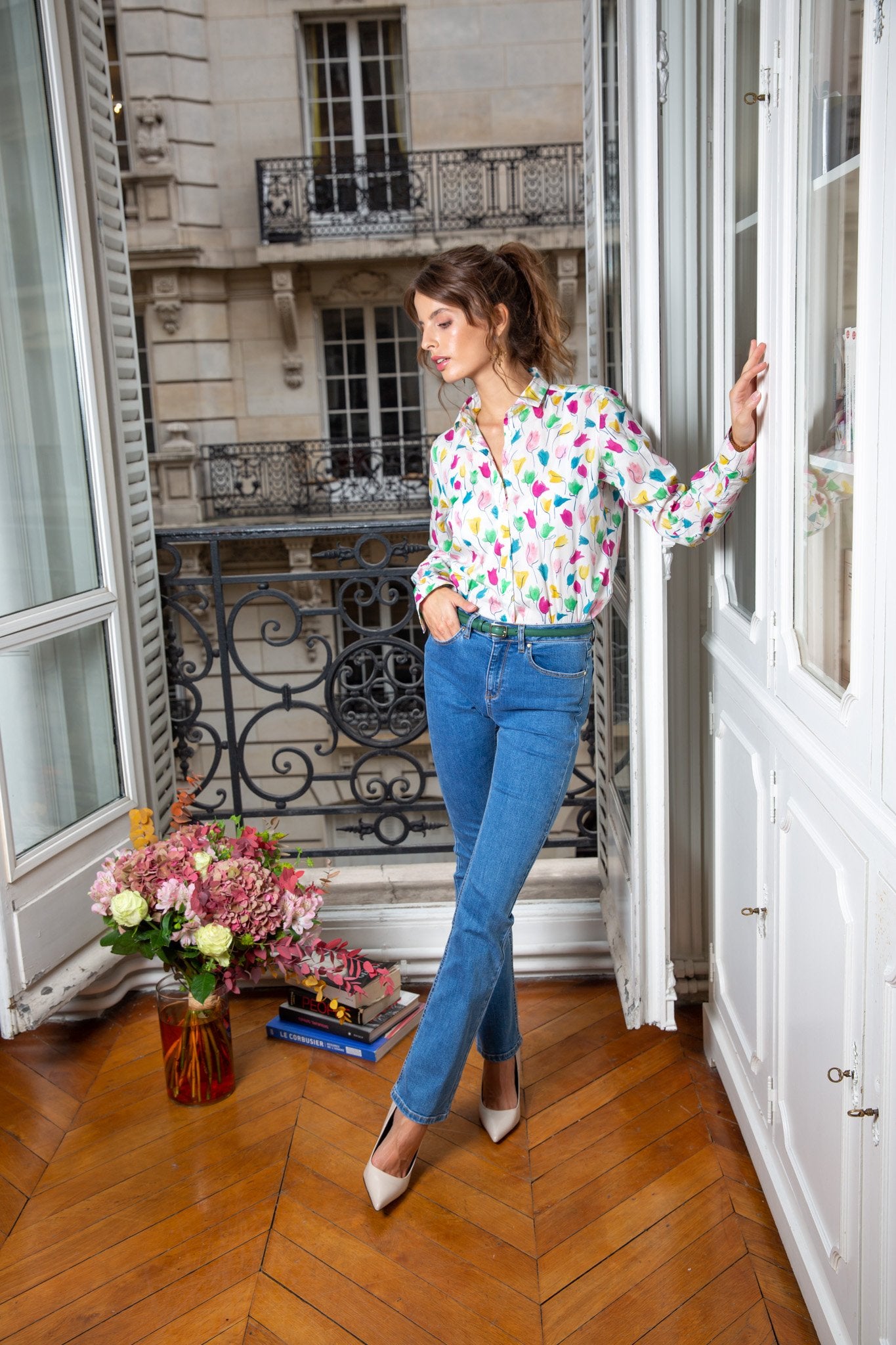 Pantalon Auguste bas évasé en jean bleu moyen-PANTALON FEMME-Curling-Paris